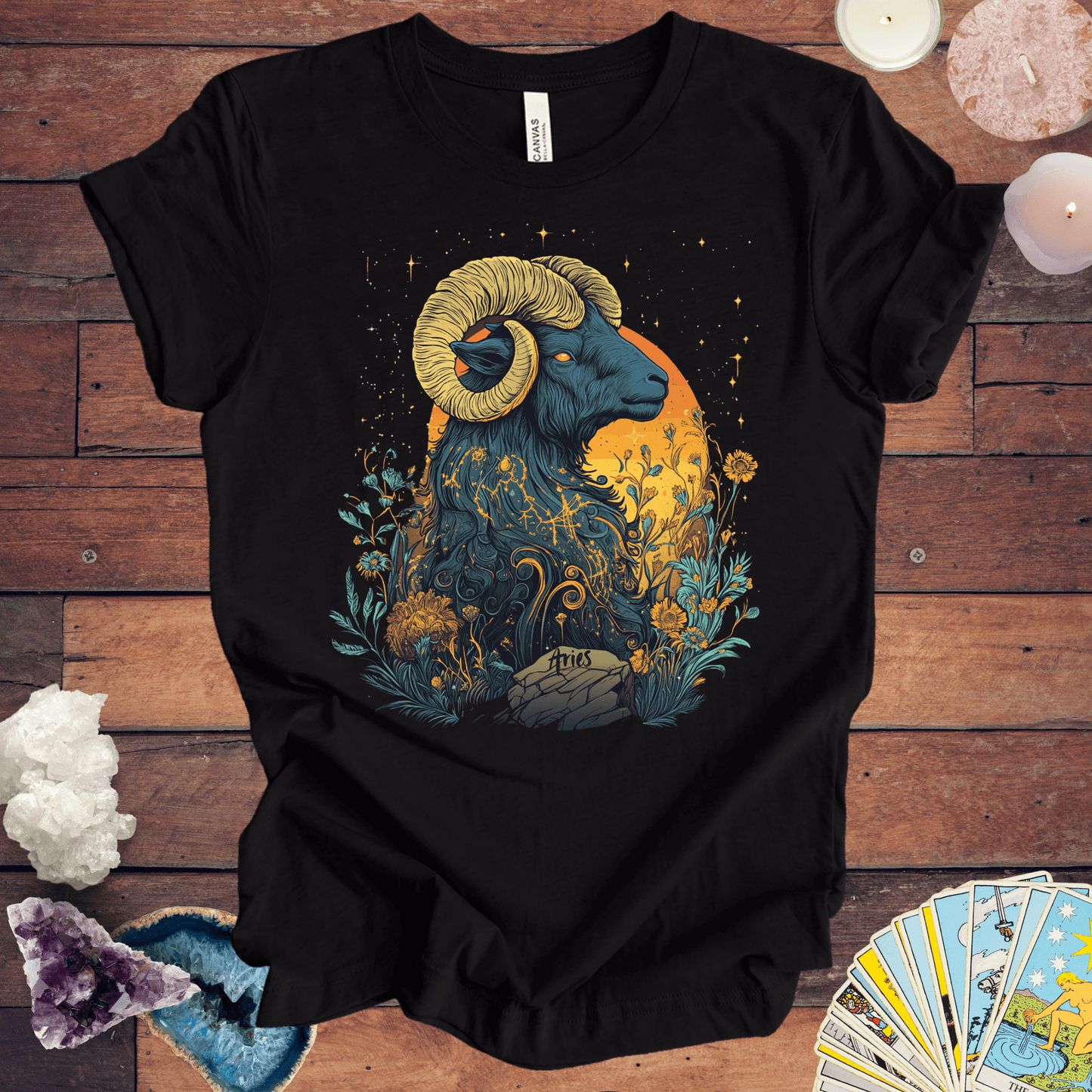 T-Shirt Black / S Aries Celestial Bloom Tarot Card T-Shirt