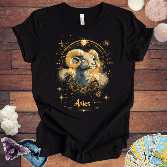 T-Shirt Black / S Aries Golden Constellation Tarot Card T-Shirt