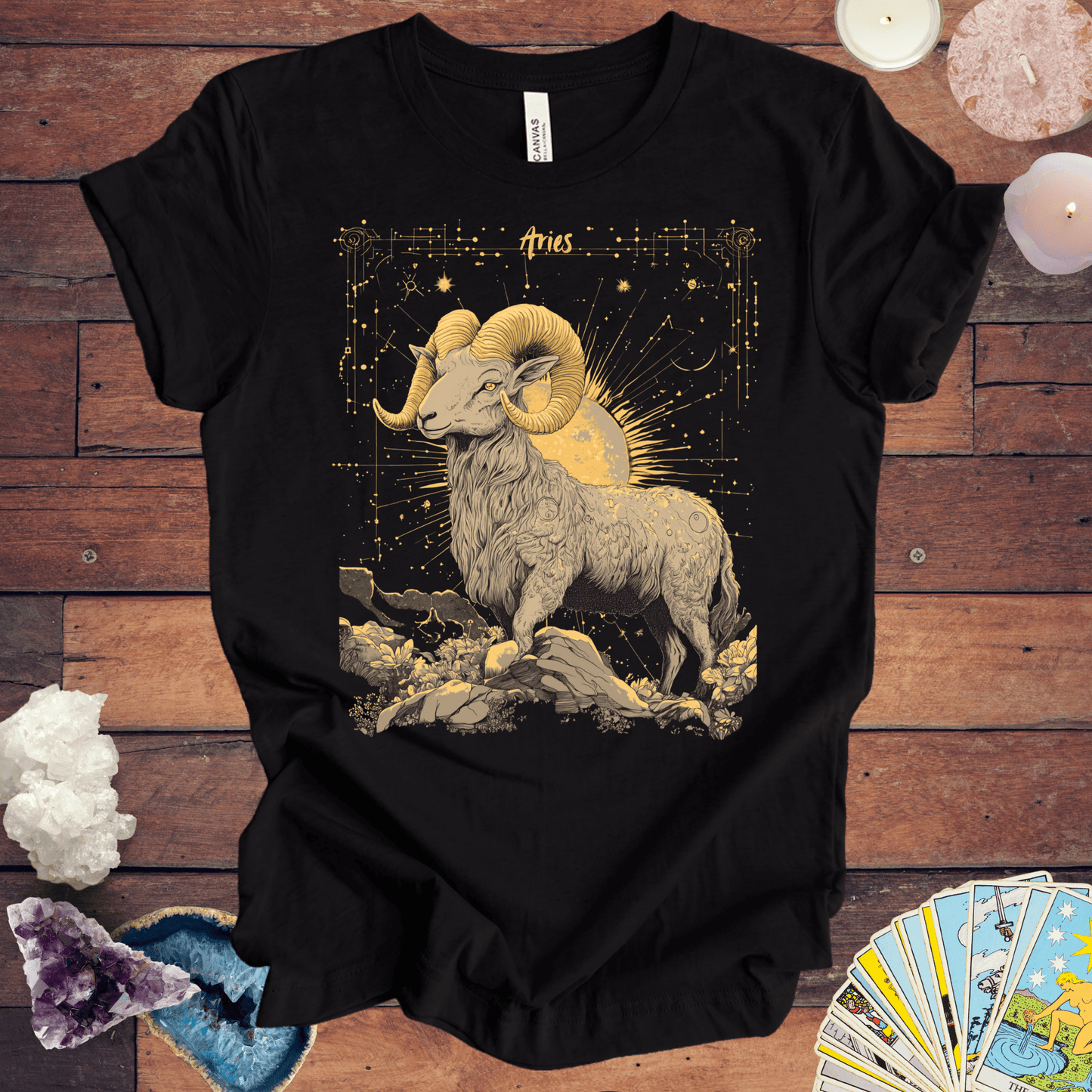 T-Shirt Black / S Aries Zodiac Sign Tarot Card T-Shirt - Majestic Ram Design