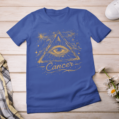 T-Shirt Cancer Intuitive Vision T-Shirt: Celestial Insight in Gold and Indigo