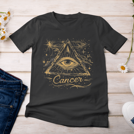 T-Shirt Cancer Intuitive Vision T-Shirt: Celestial Insight in Gold and Indigo