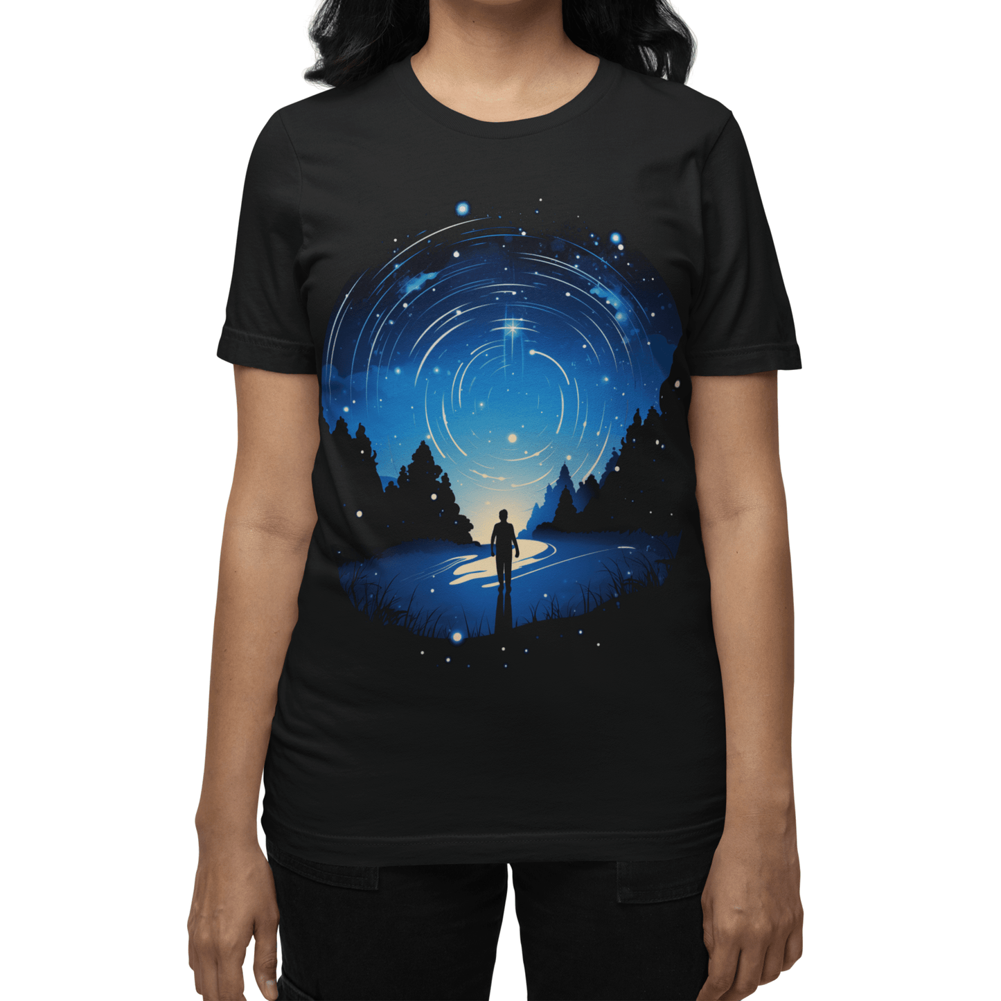 T-Shirt Cosmic Swirl: Explorer Gazing at the Night Sky T-Shirt