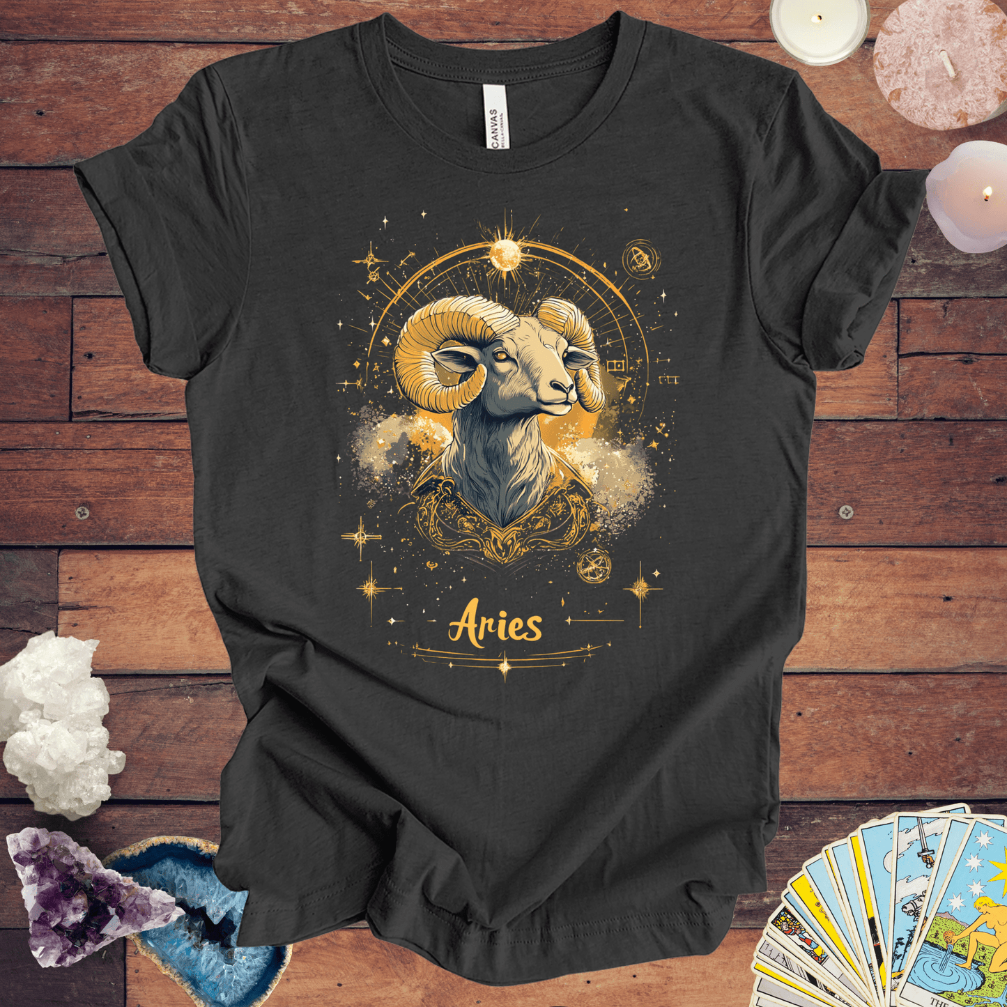 T-Shirt Dark Grey Heather / S Aries Golden Constellation Tarot Card T-Shirt