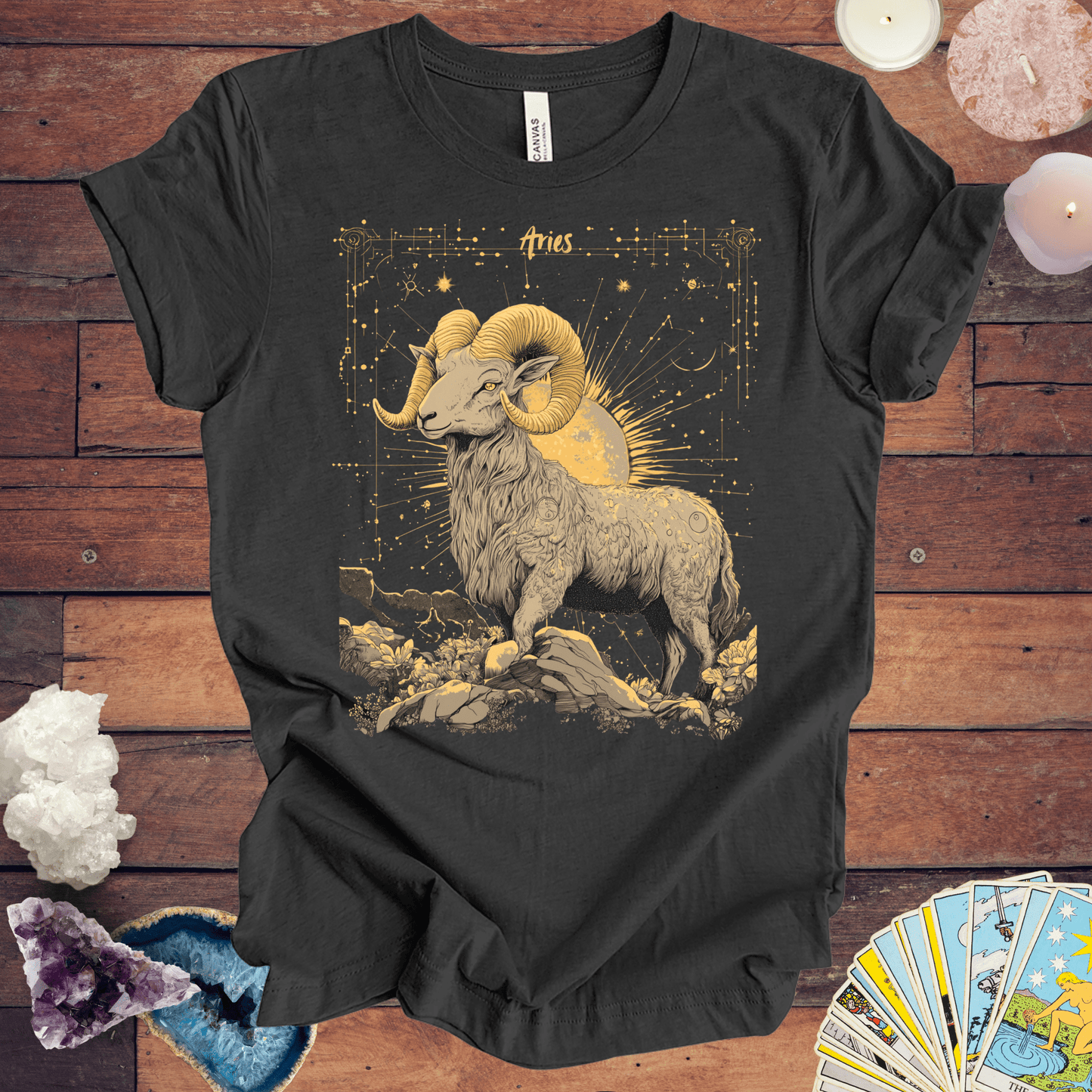 T-Shirt Dark Grey Heather / S Aries Zodiac Sign Tarot Card T-Shirt - Majestic Ram Design