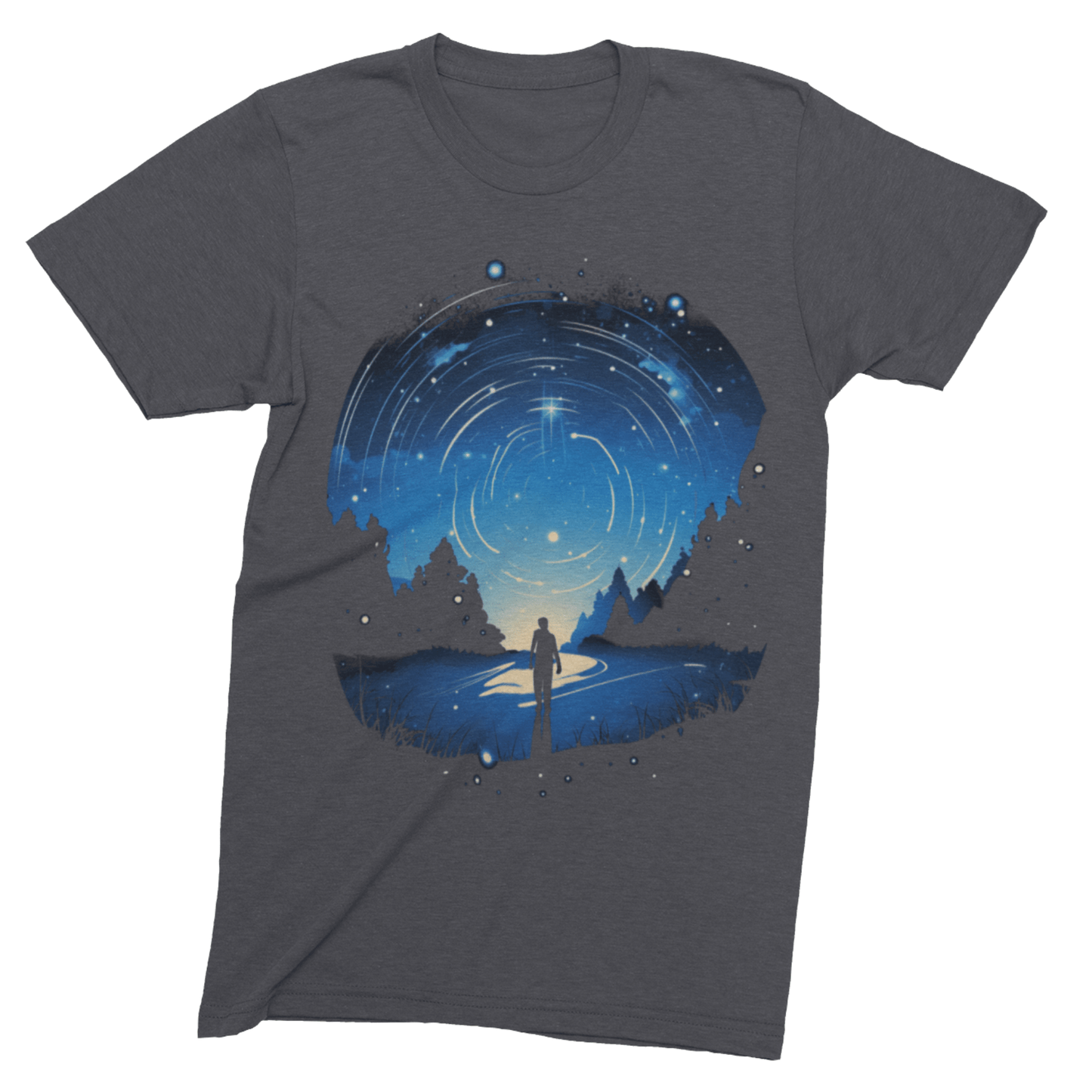 T-Shirt Dark Grey Heather / S Cosmic Swirl: Explorer Gazing at the Night Sky T-Shirt