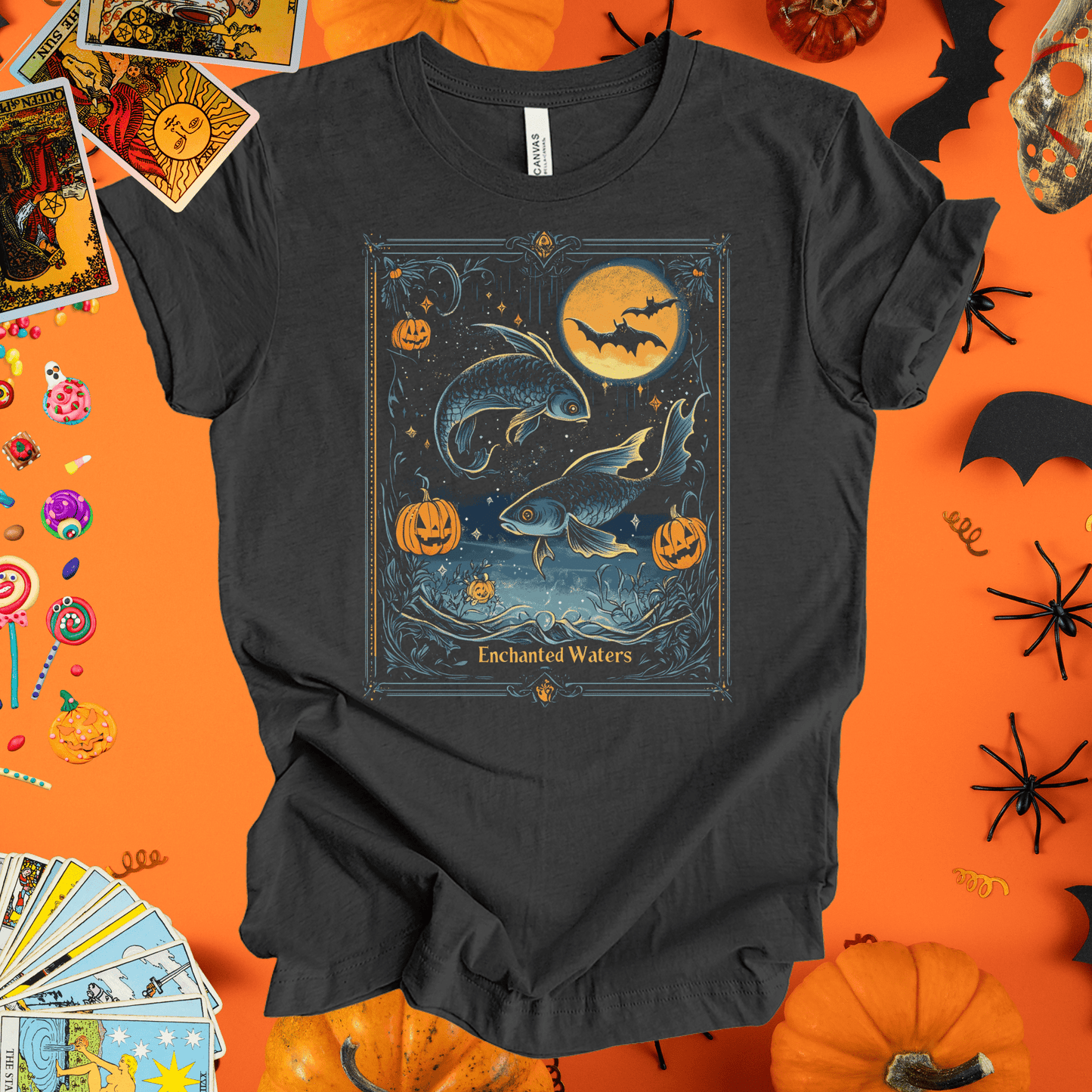 T-Shirt Dark Grey Heather / S Enchanted Waters - Pisces Tarot Card T-Shirt - Halloween Limited Edition