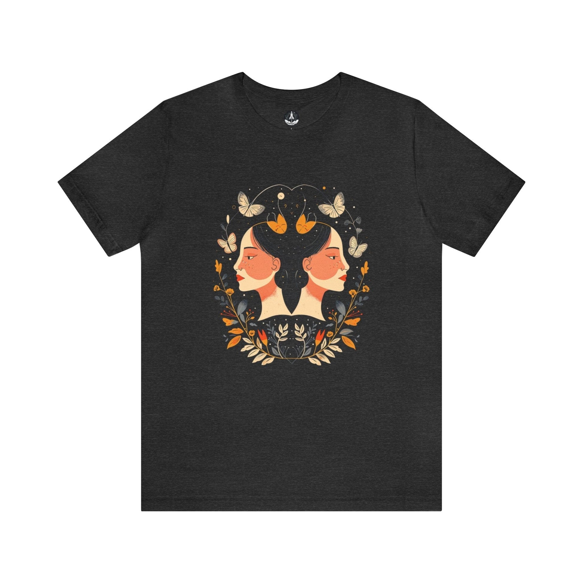 T-Shirt Dark Grey Heather / S Gemini Cosmic Symmetry T-Shirt: A Harmony of Nature and Stars
