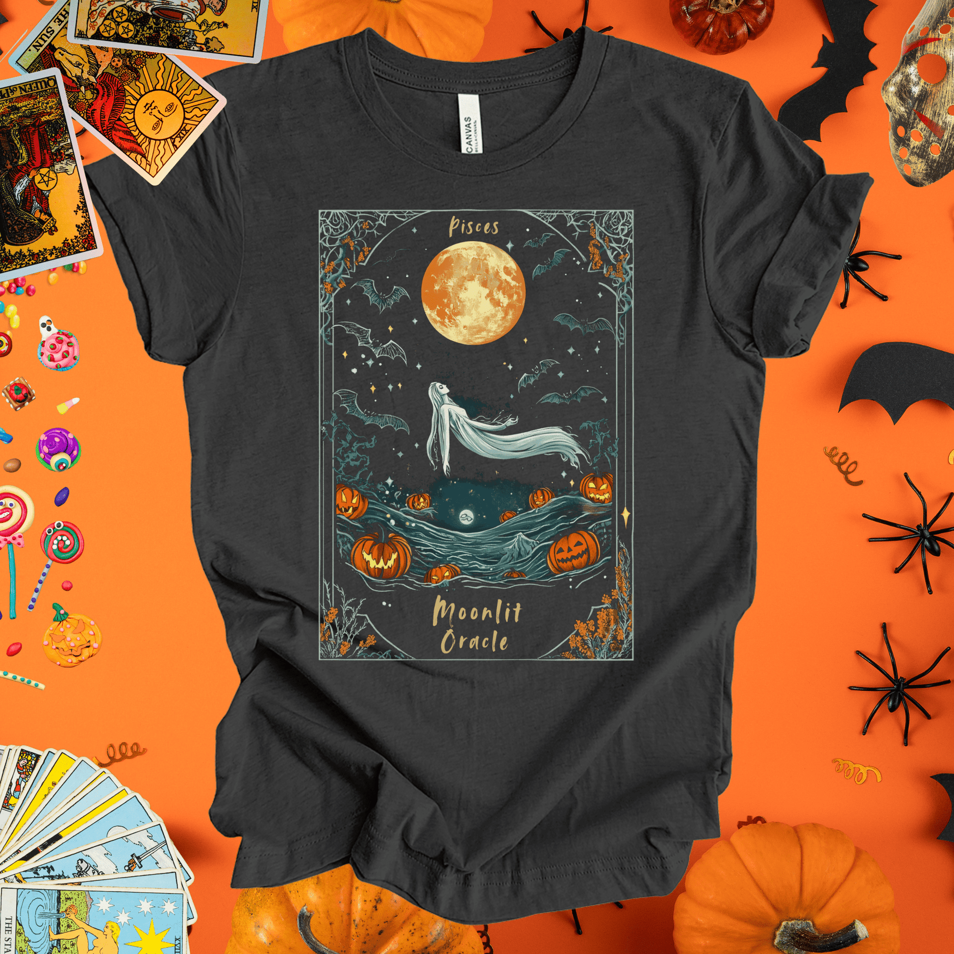 T-Shirt Dark Grey Heather / S Moonlit Oracle - Pisces Tarot Card T-Shirt - Halloween Limited Edition