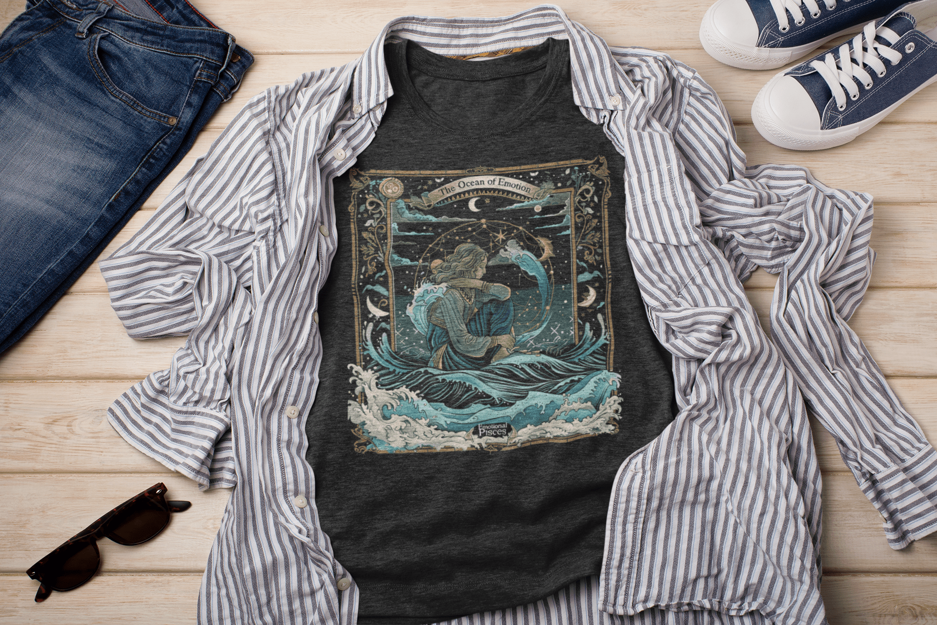 T-Shirt Dark Grey Heather / S Ocean Emotion: Pisces Tarot Card T-Shirt