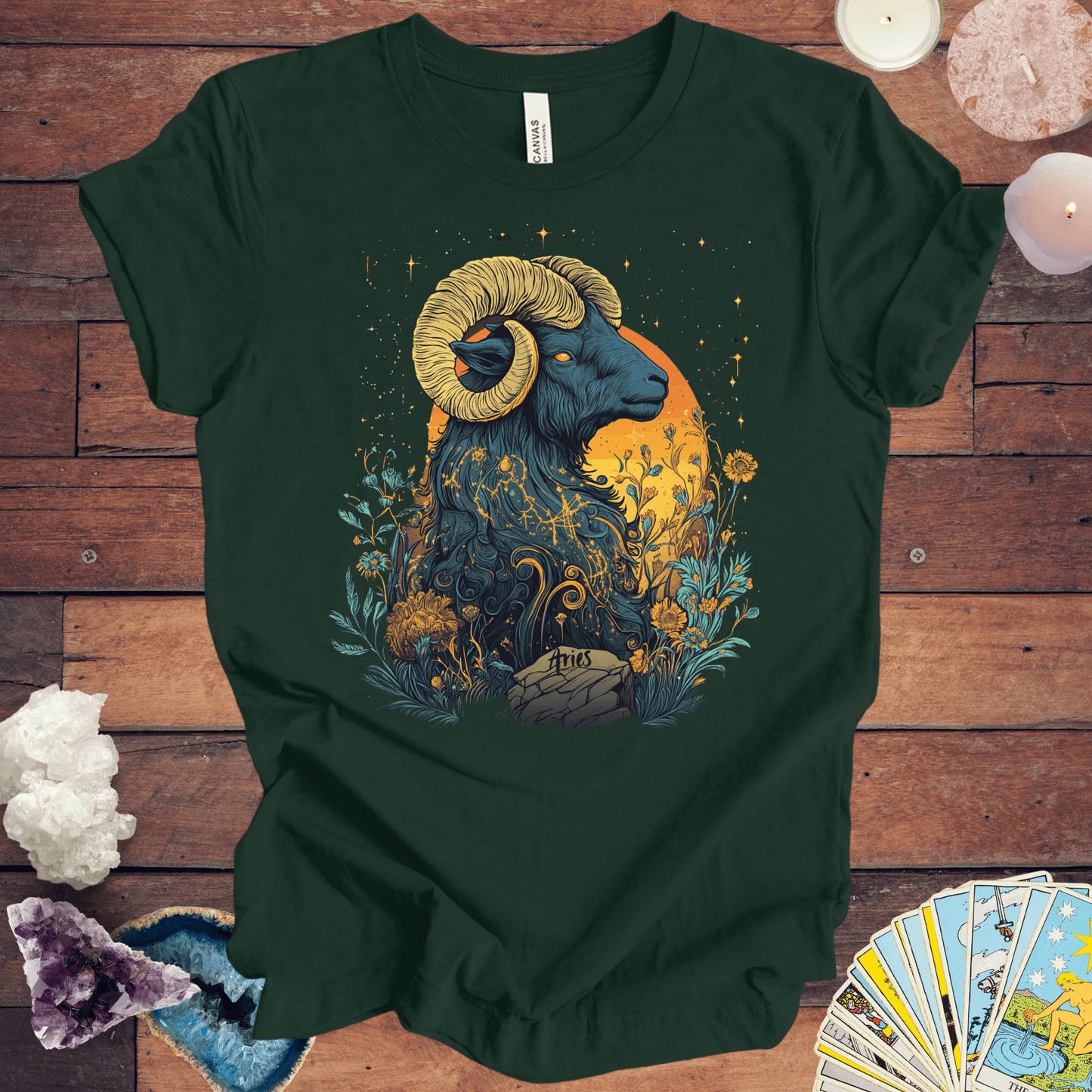 T-Shirt Forest / S Aries Celestial Bloom Tarot Card T-Shirt