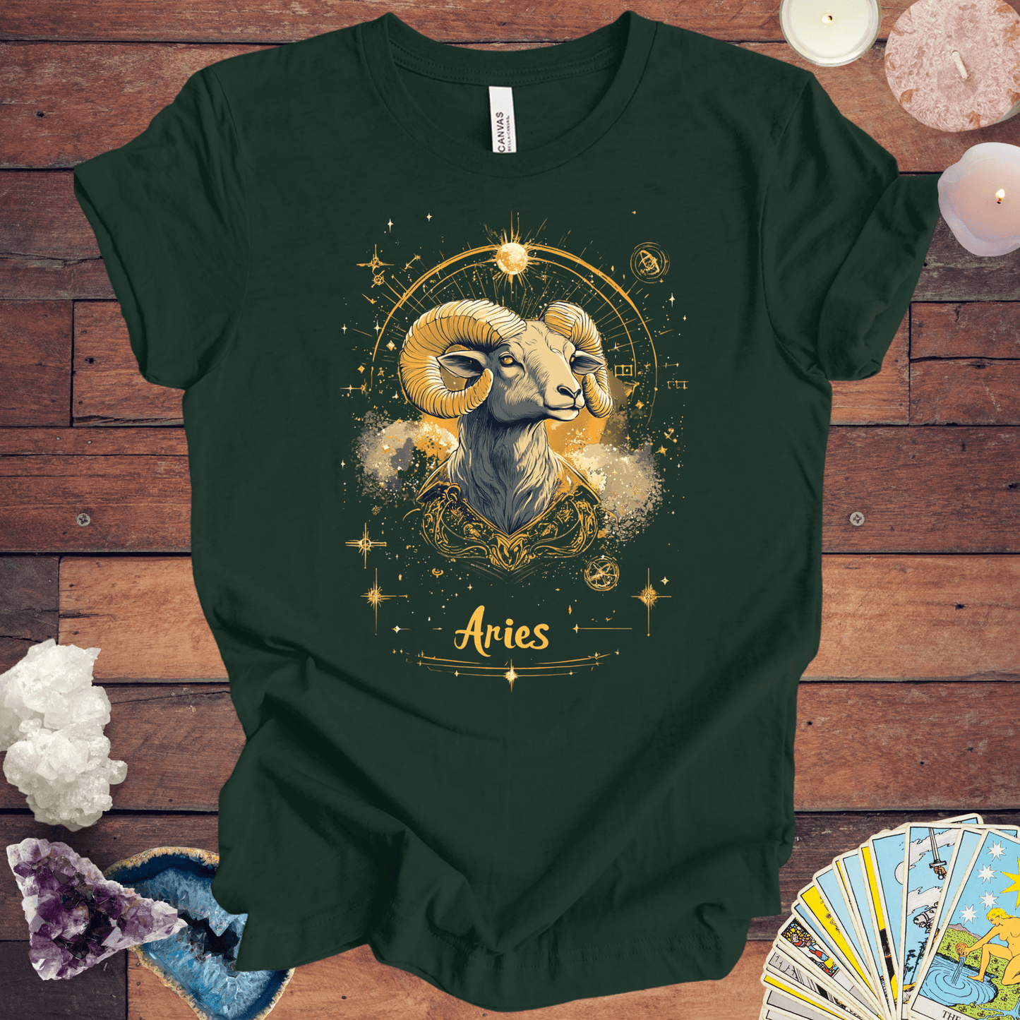 T-Shirt Forest / S Aries Golden Constellation Tarot Card T-Shirt