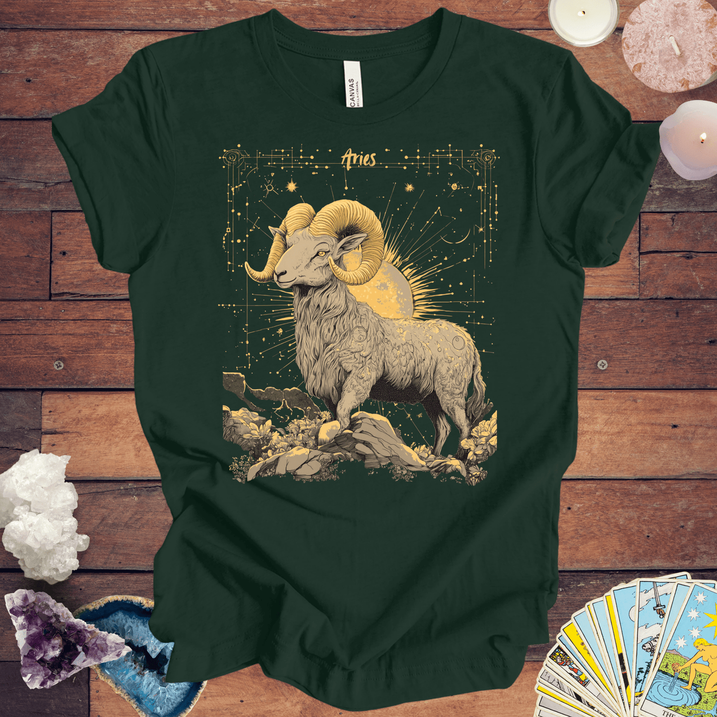 T-Shirt Forest / S Aries Zodiac Sign Tarot Card T-Shirt - Majestic Ram Design