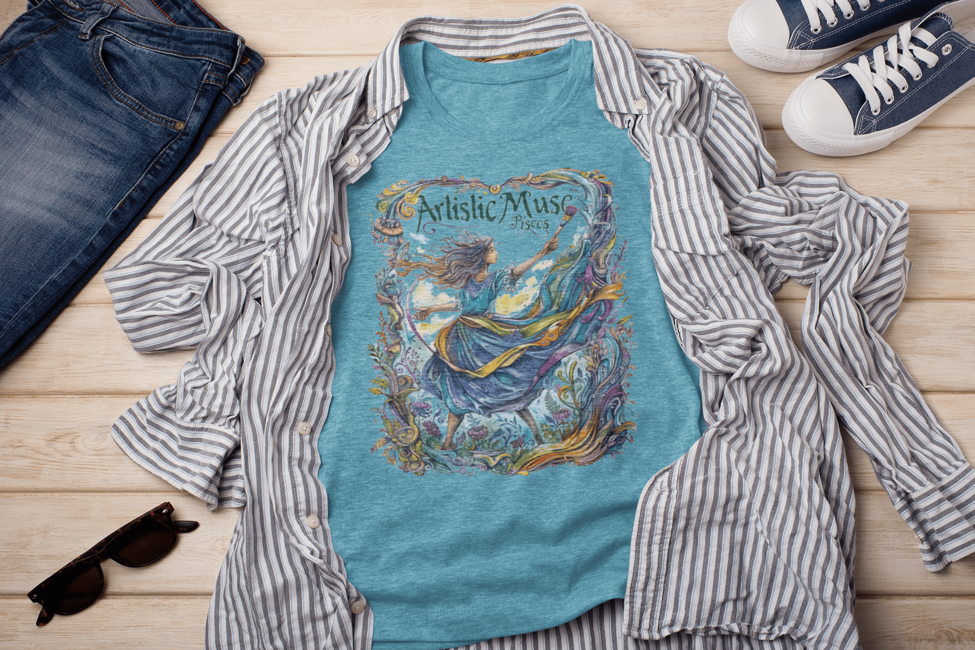 T-Shirt Heather Aqua / S Artistic Muse: Pisces Tarot Card T-Shirt