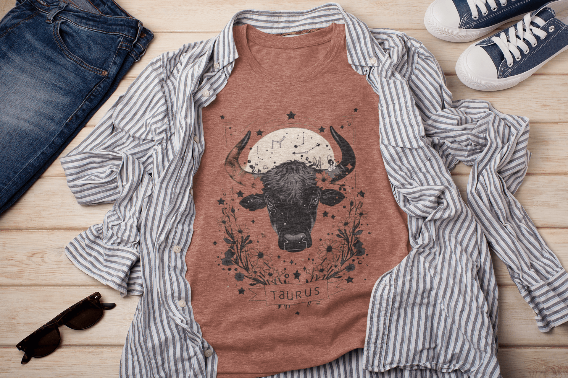 T-Shirt Heather Clay / S Floral Strength: Taurus Tarot Card T-Shirt