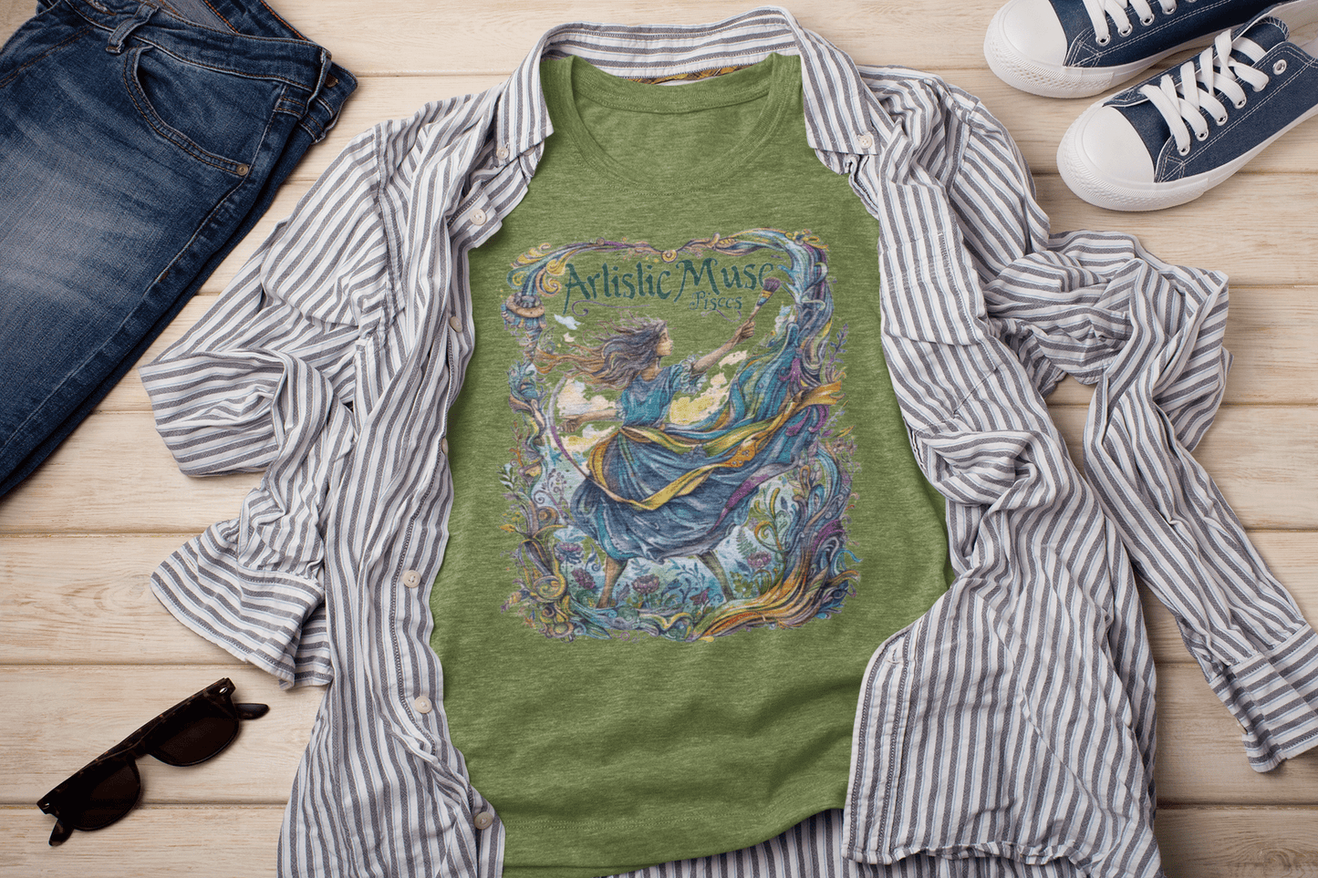 T-Shirt Heather Green / S Artistic Muse: Pisces Tarot Card T-Shirt