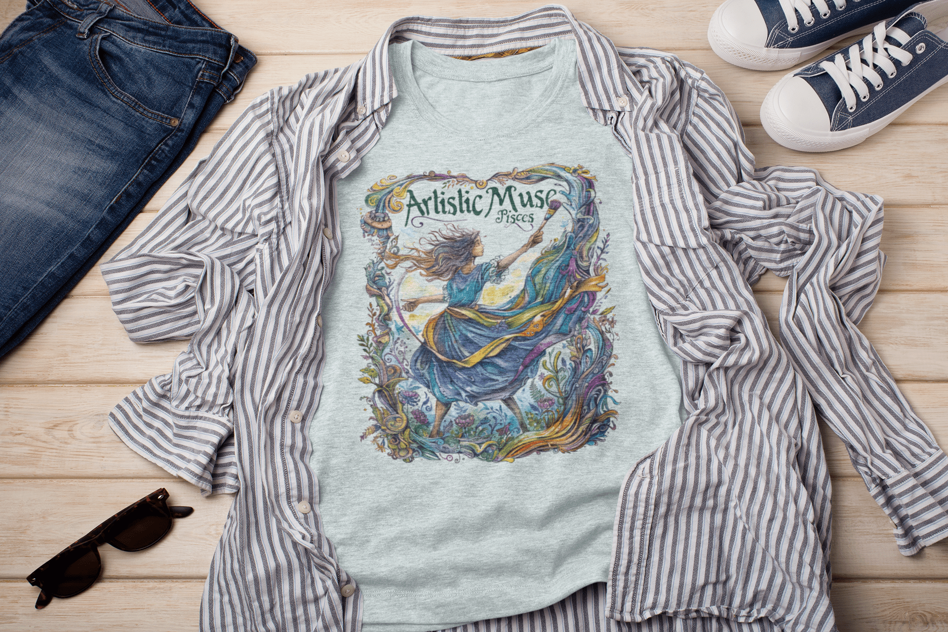 T-Shirt Heather Ice Blue / S Artistic Muse: Pisces Tarot Card T-Shirt