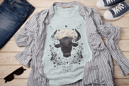 T-Shirt Heather Ice Blue / S Floral Strength: Taurus Tarot Card T-Shirt