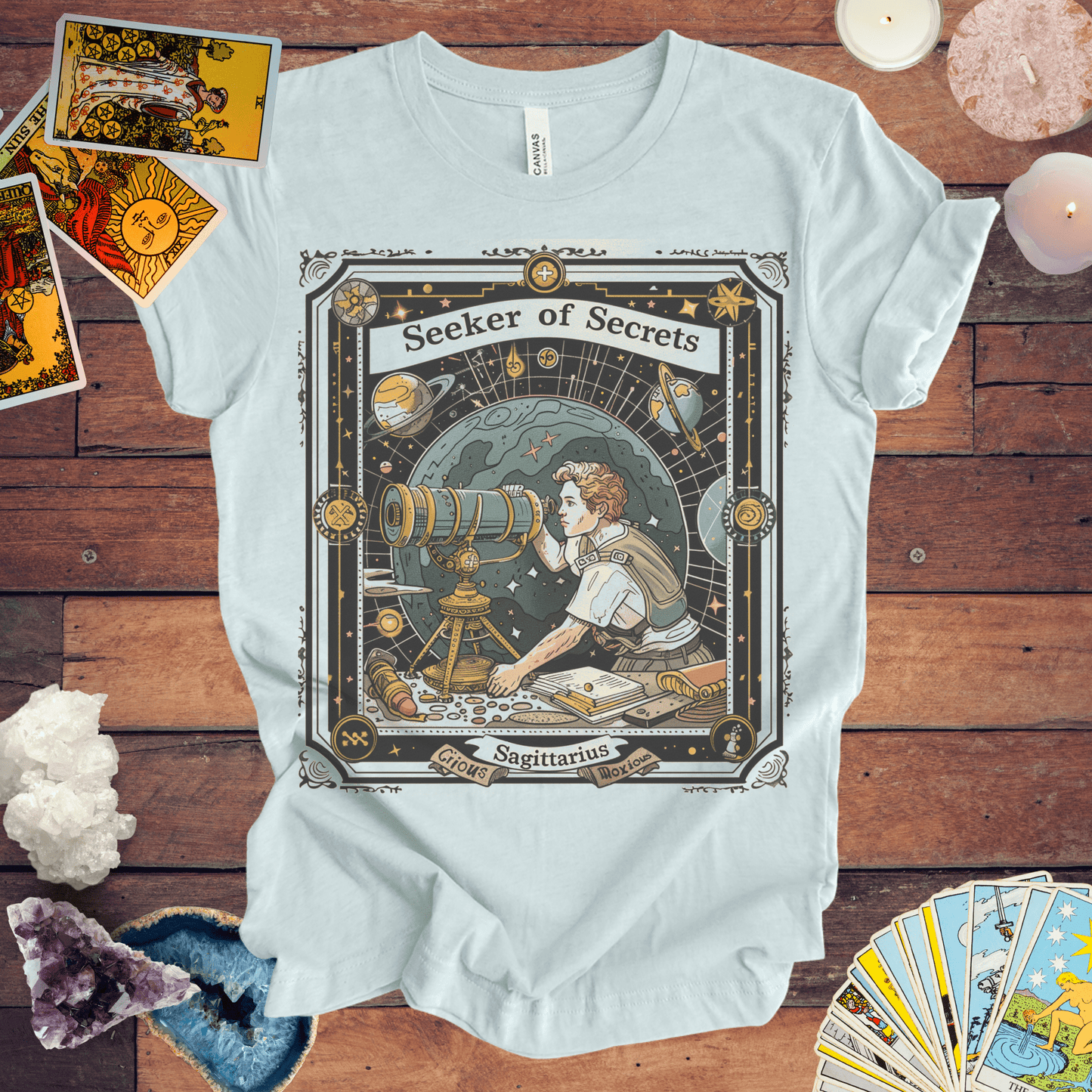 T-Shirt Heather Ice Blue / S Seeker of Secrets: Sagittarius Tarot Card T-Shirt