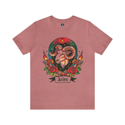 T-Shirt Heather Mauve / S Fiery Aries Tattoo Art T-Shirt - Soft Cotton Zodiac-Inspired T-Shirt