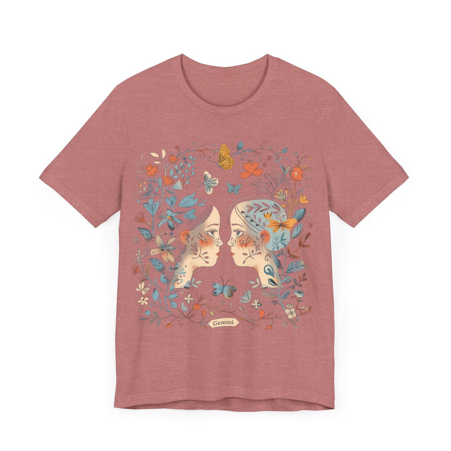T-Shirt Heather Mauve / S Gemini Floral Whisper T-Shirt: A Dance of Duality in Nature's Embrace