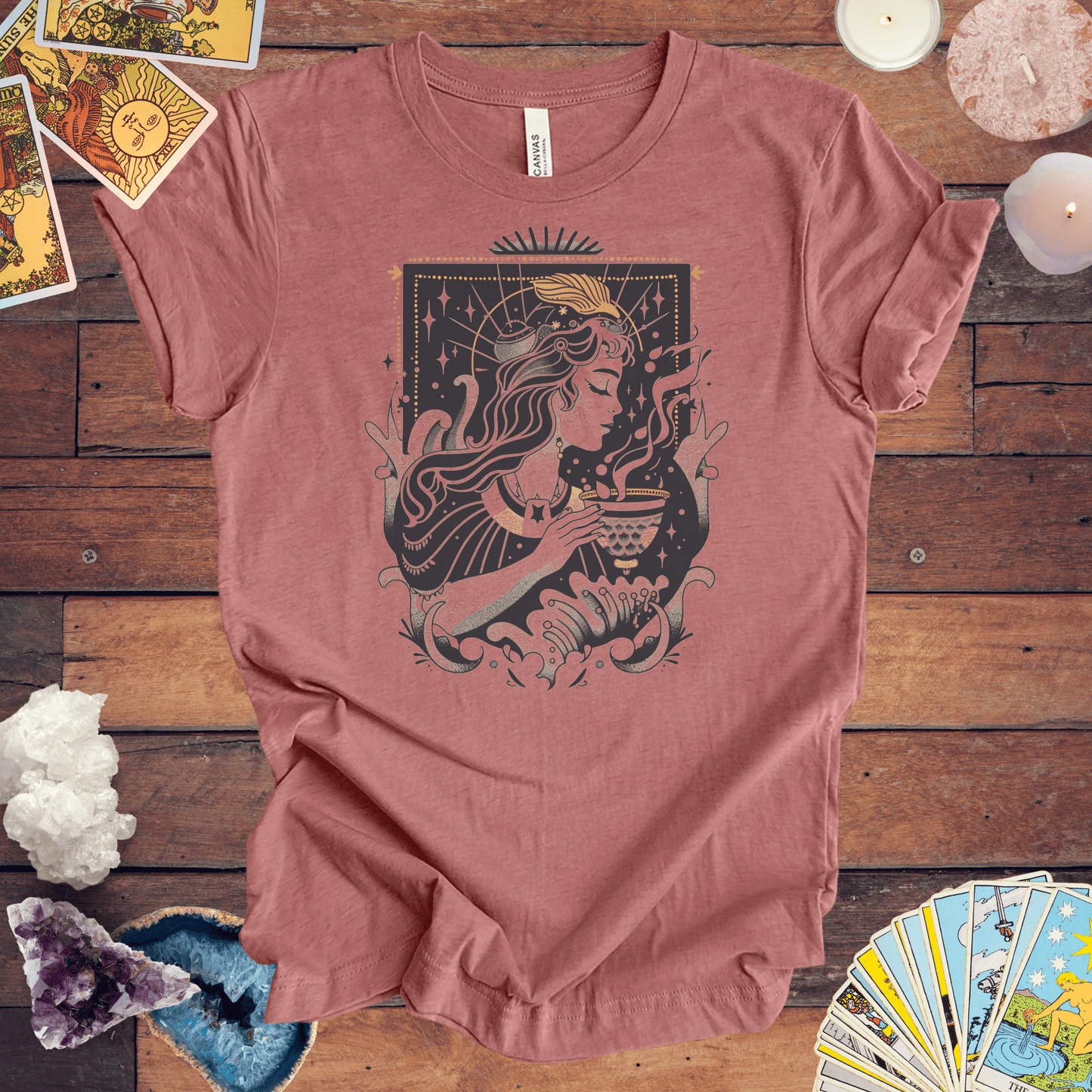 T-Shirt Heather Mauve / S Whispers of the Water Bearer: Aquarius Tarot Card T-Shirt