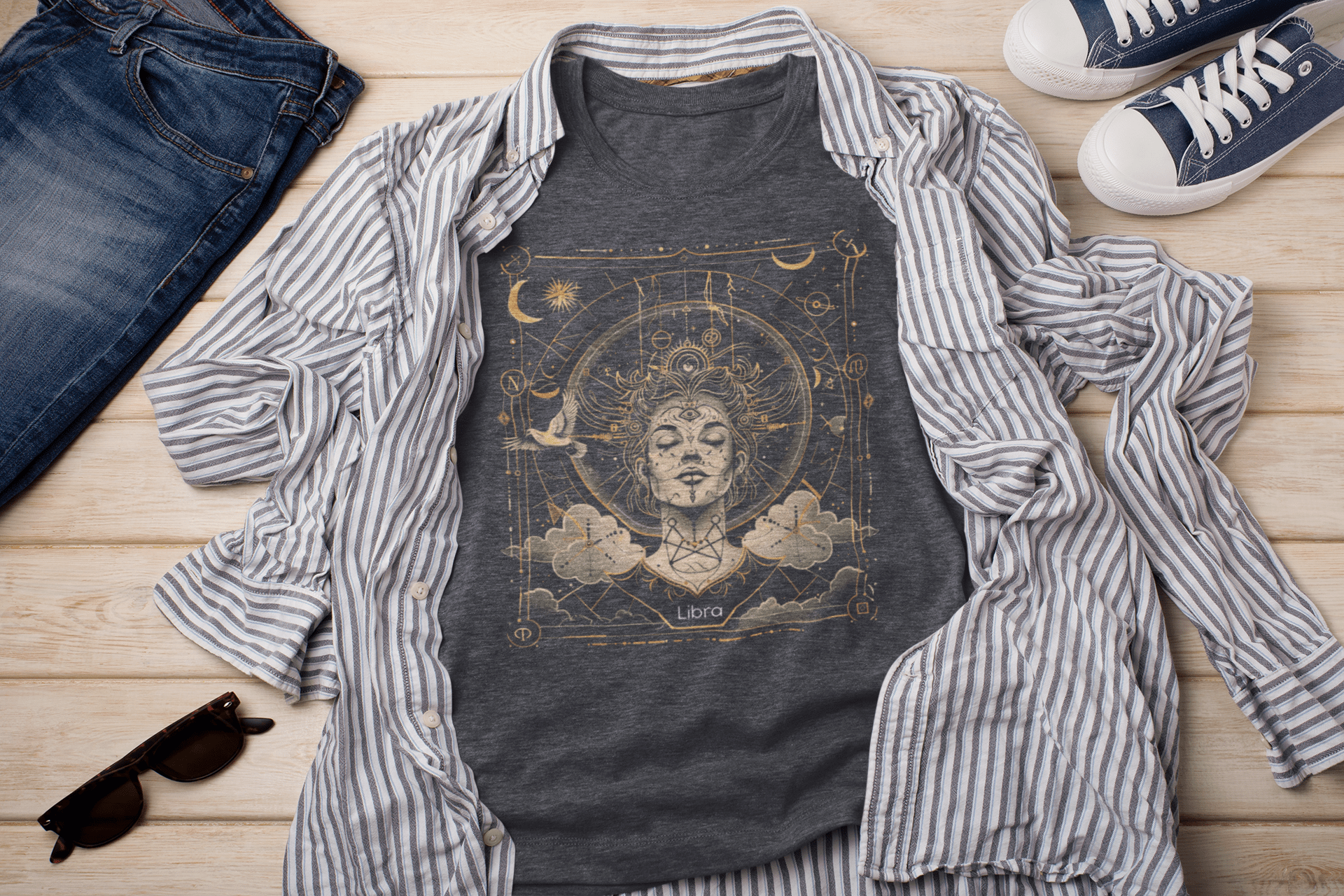 T-Shirt Heather Navy / S Celestial Balance: Libra Tarot Card T-Shirt