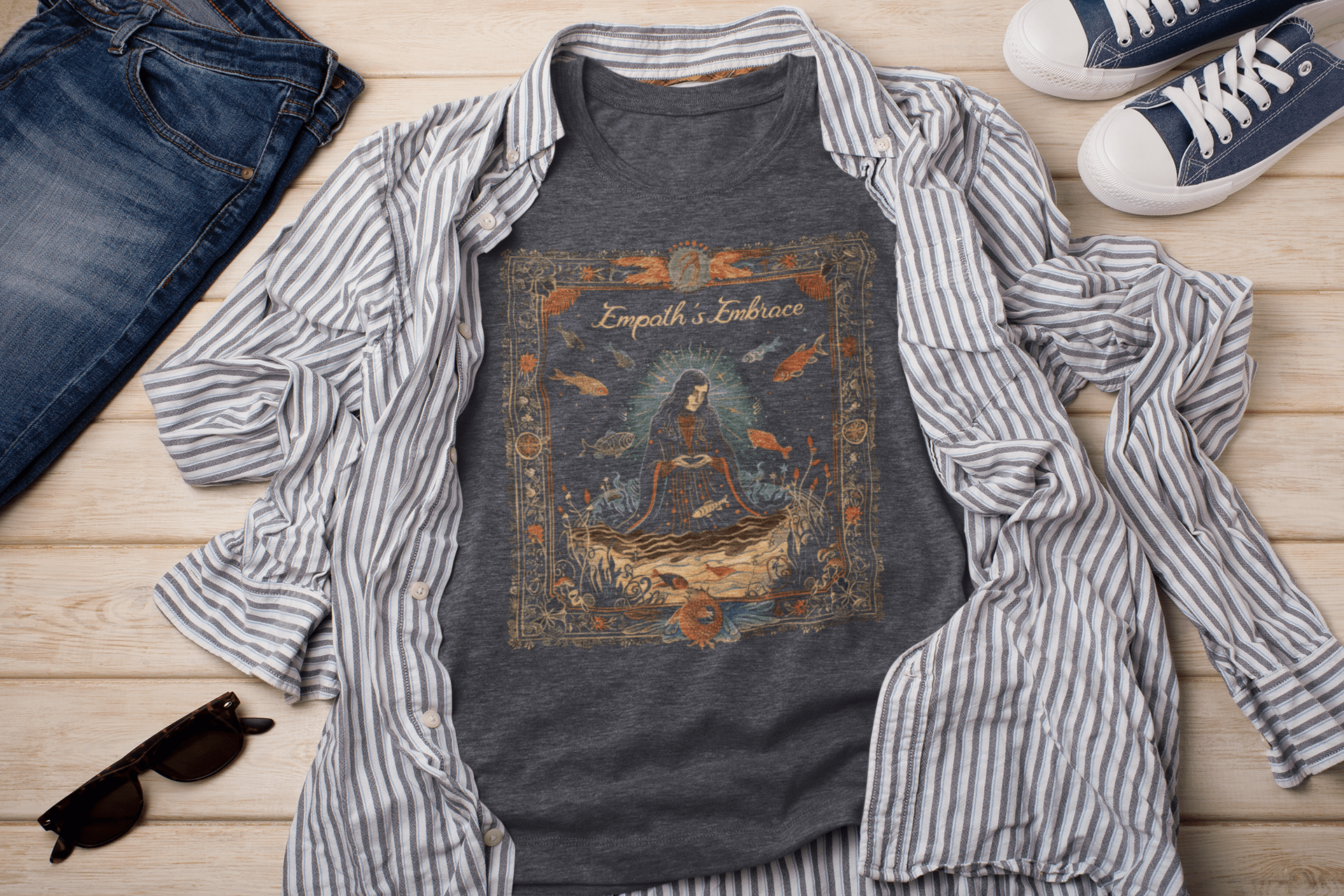 T-Shirt Heather Navy / S Empaths Embrace: Pisces Tarot Card T-Shirt