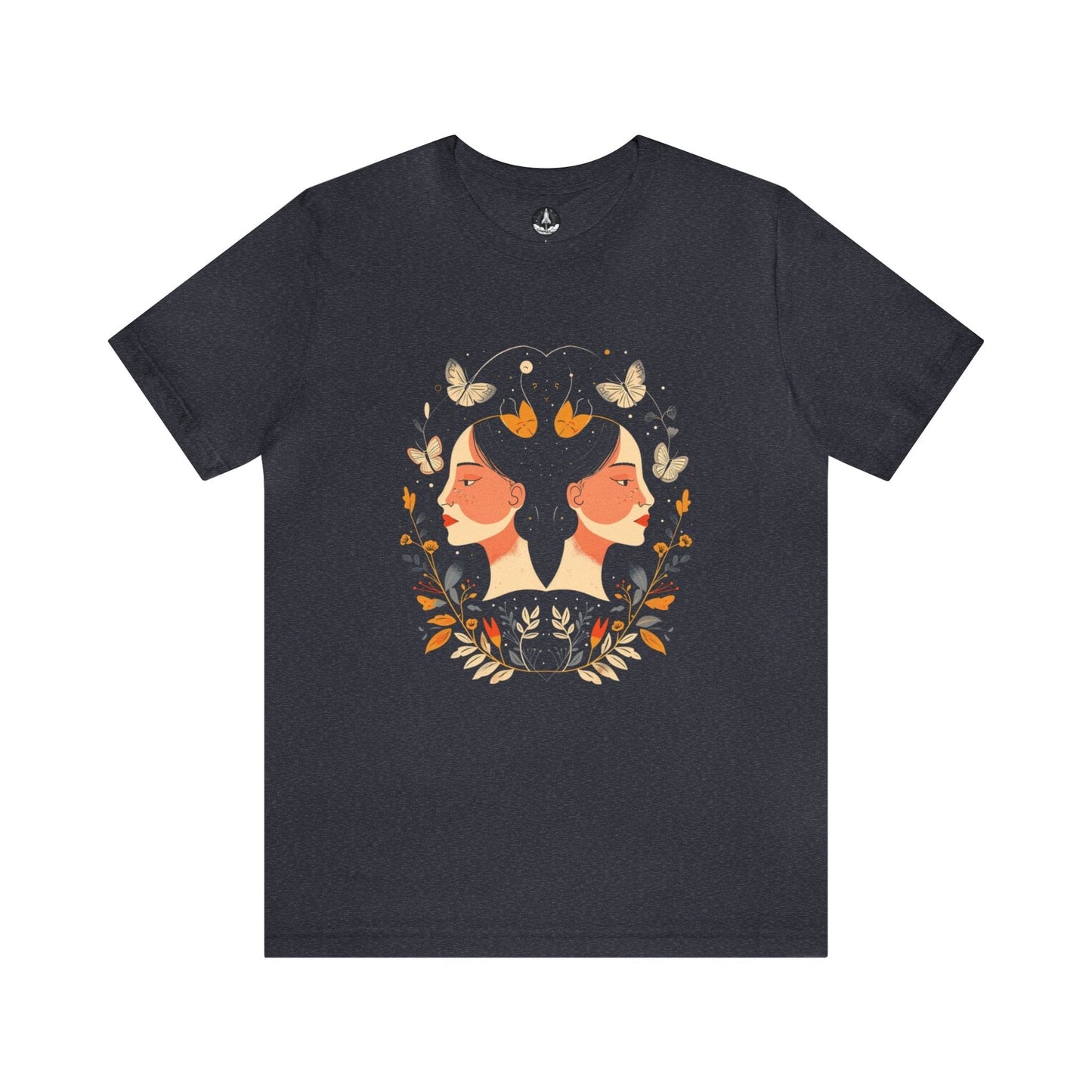 T-Shirt Heather Navy / S Gemini Cosmic Symmetry T-Shirt: A Harmony of Nature and Stars