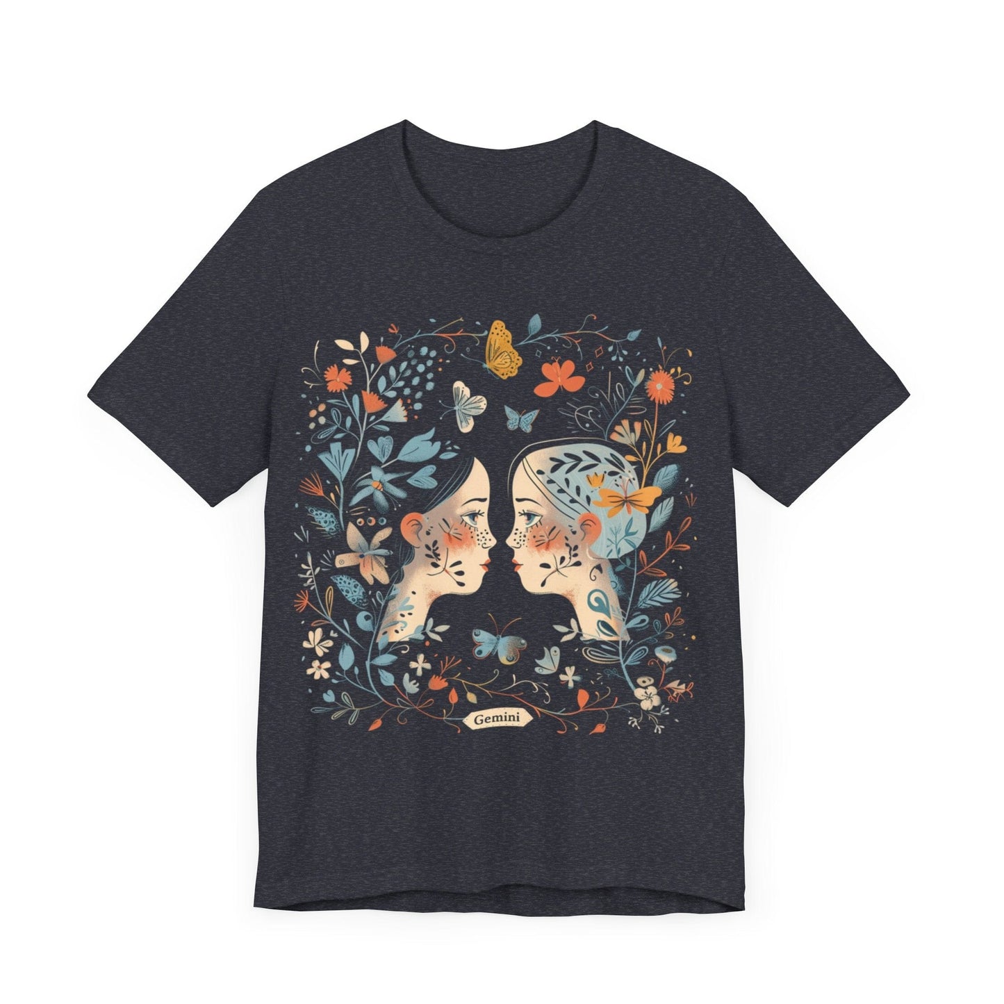 T-Shirt Heather Navy / S Gemini Floral Whisper T-Shirt: A Dance of Duality in Nature's Embrace
