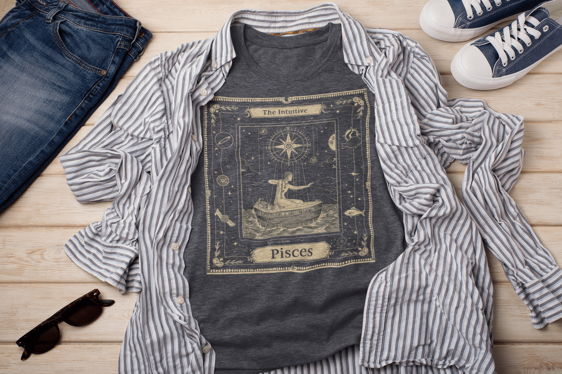 T-Shirt Heather Navy / S Intuitive Guide: Pisces Tarot Card T-Shirt