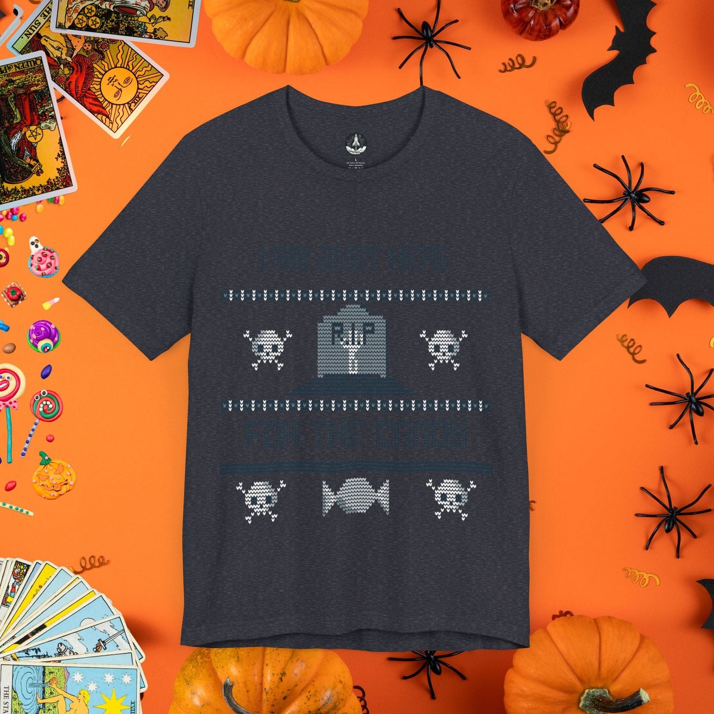 T-Shirt Heather Navy / S Just Here for the Candy - Halloween Ugly Sweater T-Shirt - Halloween Limited Edition