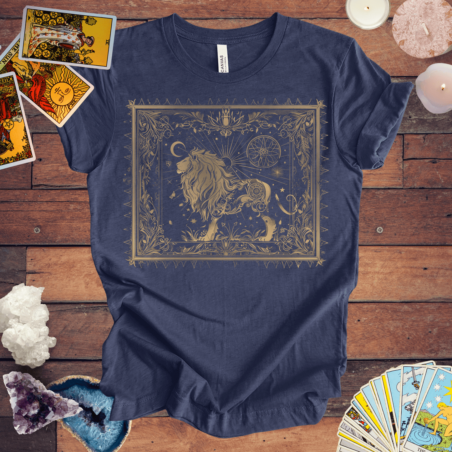 T-Shirt Heather Navy / S Lion's Radiance Leo Tarot Card T-Shirt