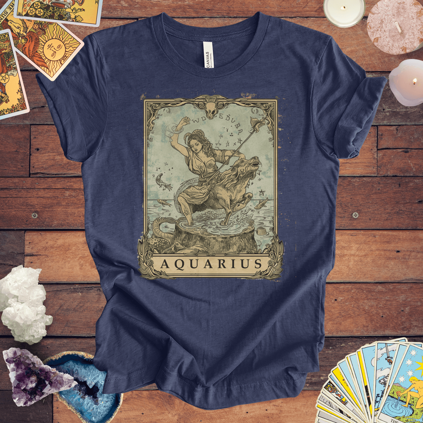 T-Shirt Heather Navy / S Navigating Mystical Seas: Aquarius Tarot Card T-Shirt