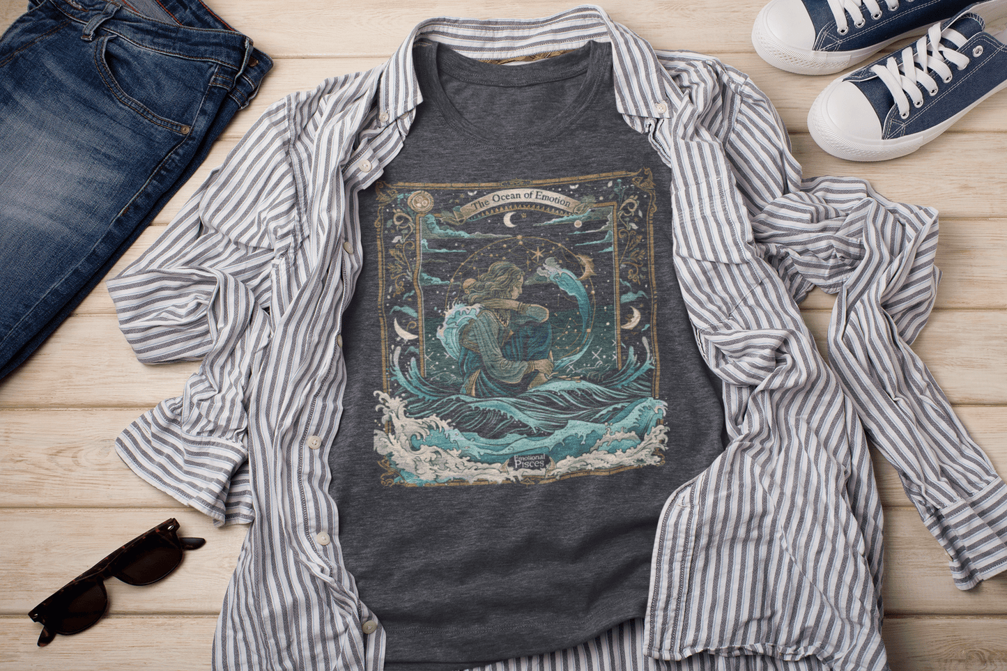 T-Shirt Heather Navy / S Ocean Emotion: Pisces Tarot Card T-Shirt