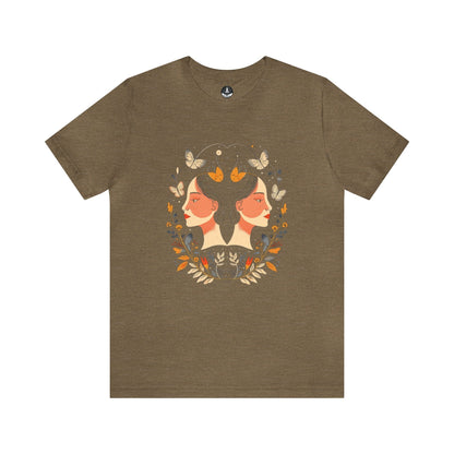 T-Shirt Heather Olive / S Gemini Cosmic Symmetry T-Shirt: A Harmony of Nature and Stars