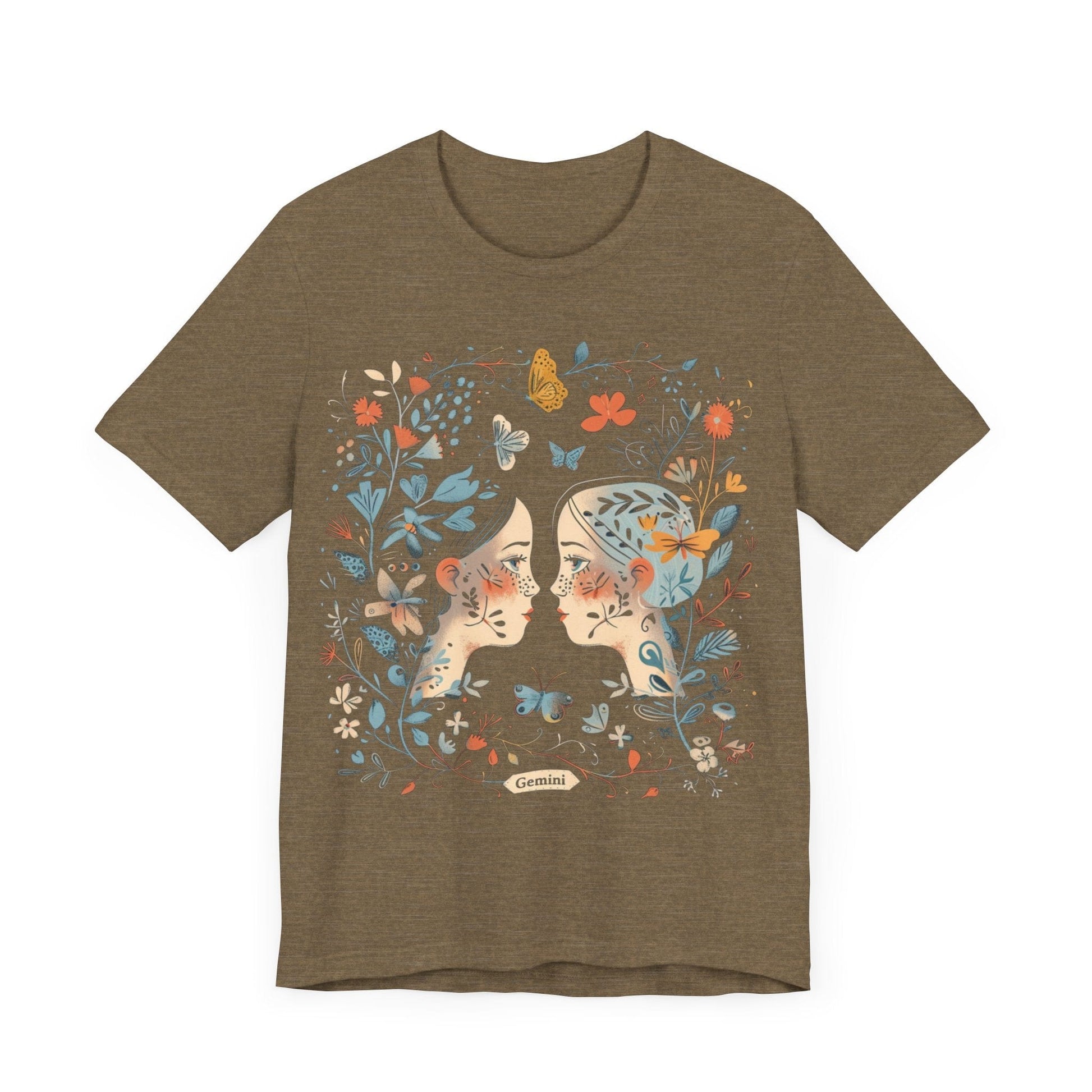 T-Shirt Heather Olive / S Gemini Floral Whisper T-Shirt: A Dance of Duality in Nature's Embrace