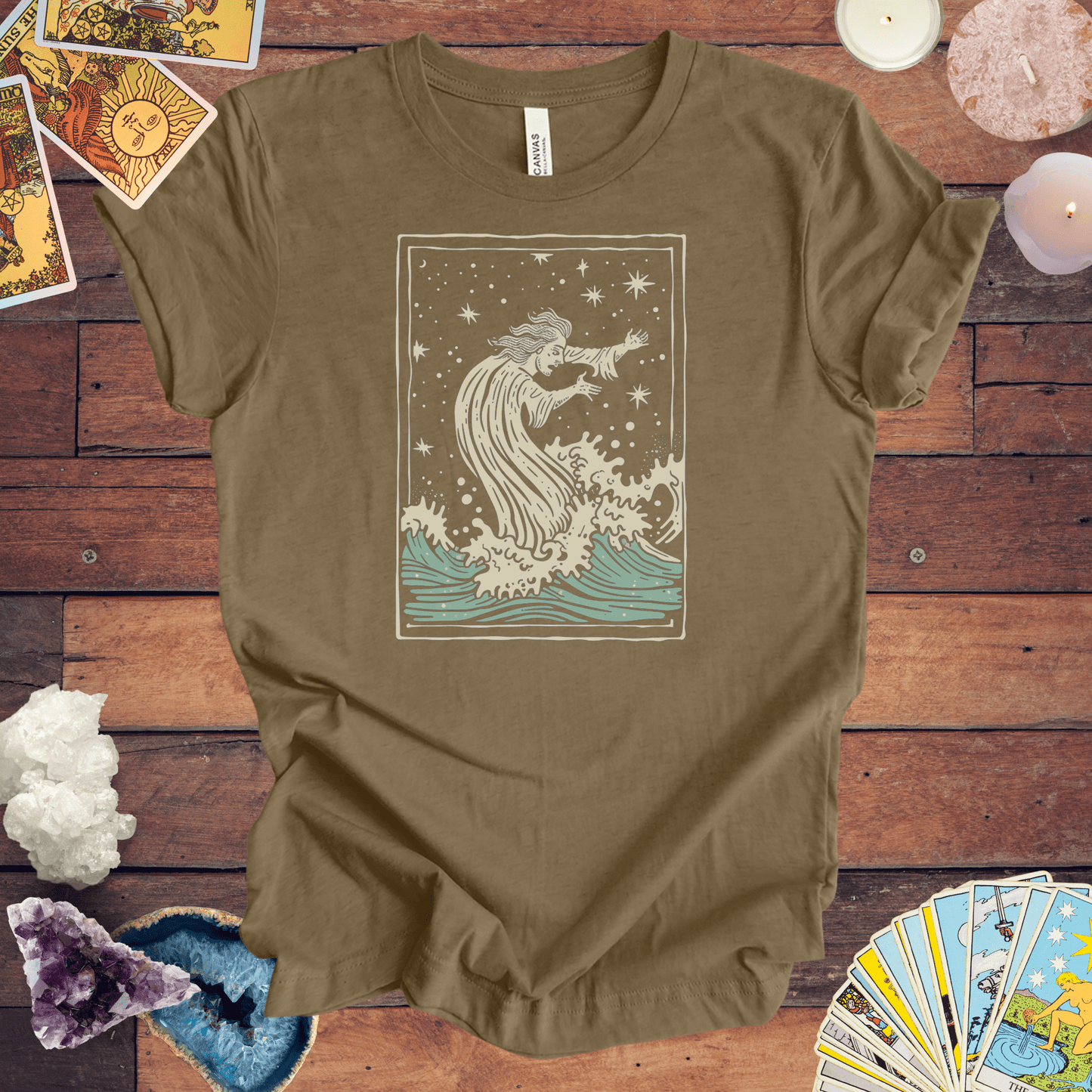 T-Shirt Heather Olive / S Mystical Innovation for the Visionary: Aquarius Tarot Card T-Shirt