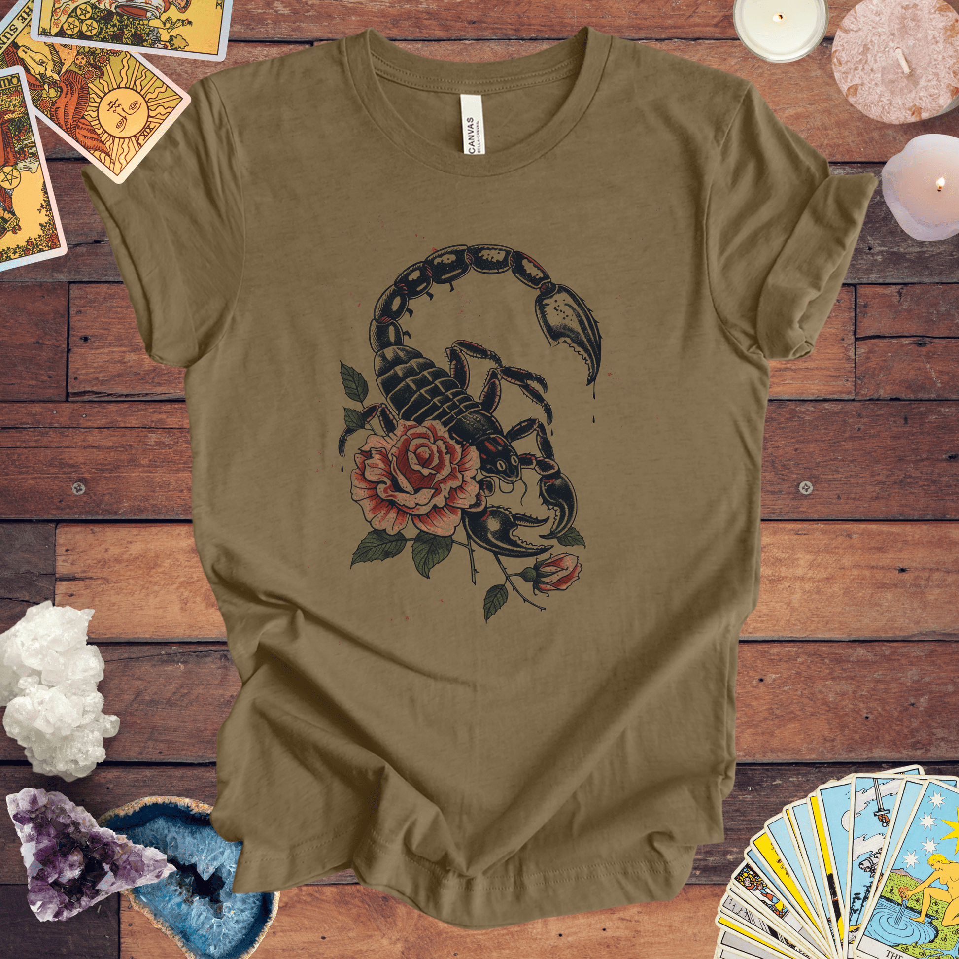 T-Shirt Heather Olive / S Scorpio's Essence TShirt: Mystical Scorpion Art on Soft Cotton