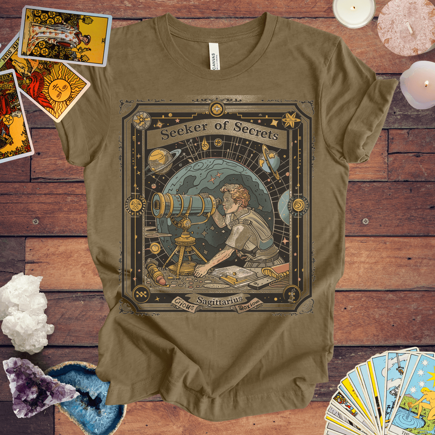 T-Shirt Heather Olive / S Seeker of Secrets: Sagittarius Tarot Card T-Shirt