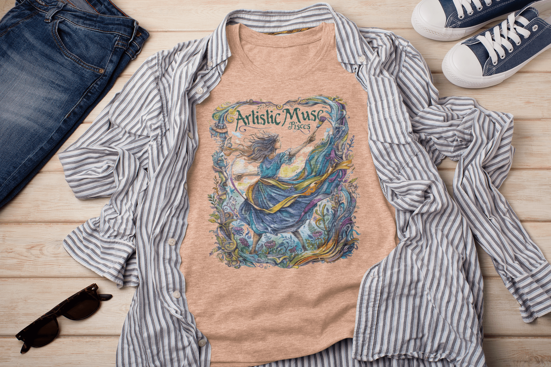 T-Shirt Heather Peach / S Artistic Muse: Pisces Tarot Card T-Shirt