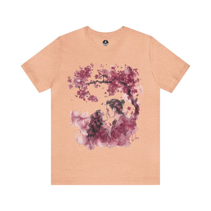 T-Shirt Heather Peach / S Eternal Love Libra Sumi-e Tee: Cherry Blossoms & Romance