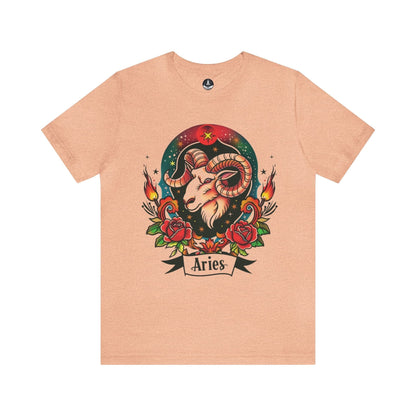 T-Shirt Heather Peach / S Fiery Aries Tattoo Art T-Shirt - Soft Cotton Zodiac-Inspired T-Shirt