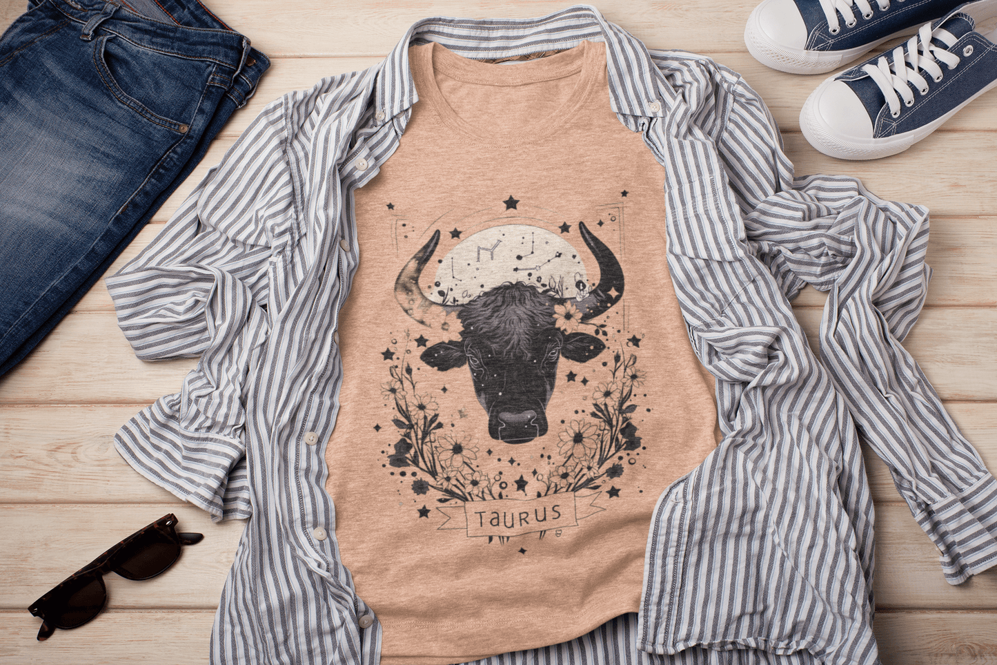 T-Shirt Heather Peach / S Floral Strength: Taurus Tarot Card T-Shirt