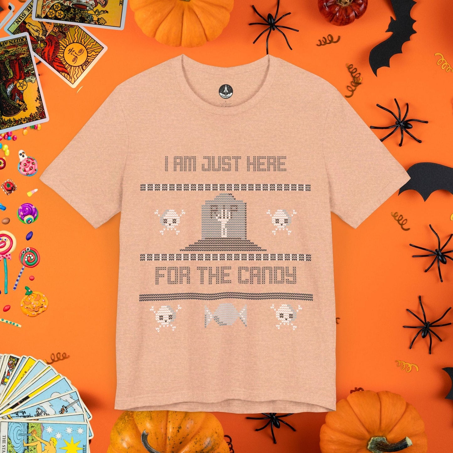 T-Shirt Heather Peach / S Just Here for the Candy - Halloween Ugly Sweater T-Shirt - Halloween Limited Edition