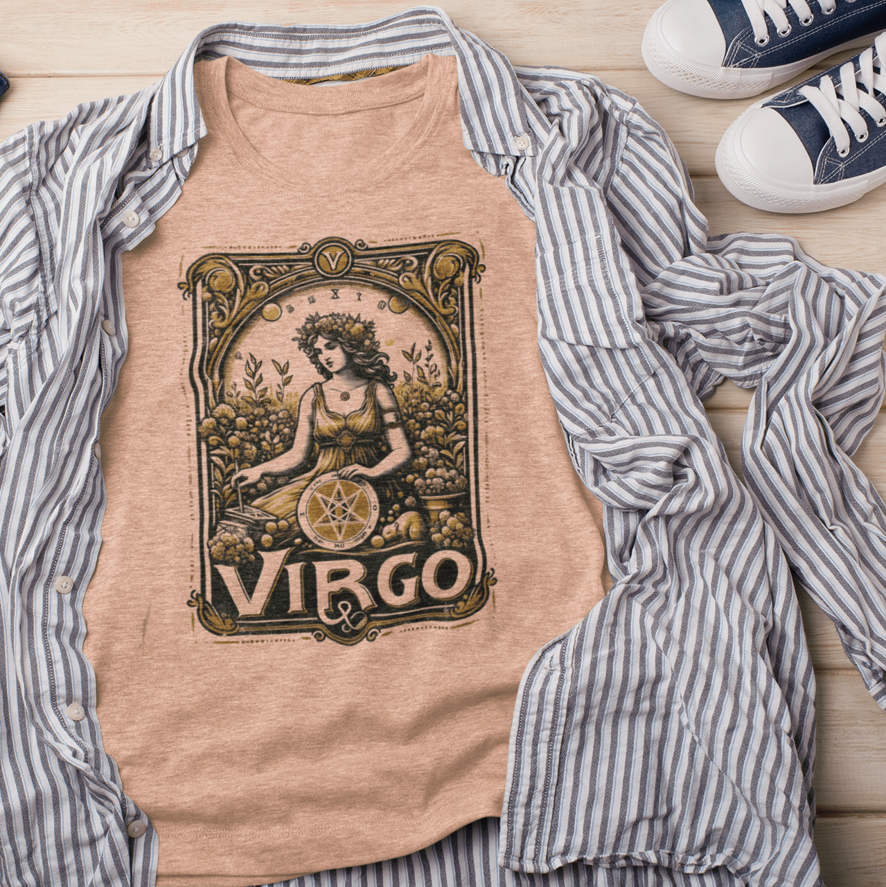 T-Shirt Heather Peach / S Maiden of Pentacles: Virgo Tarot Card T-Shirt