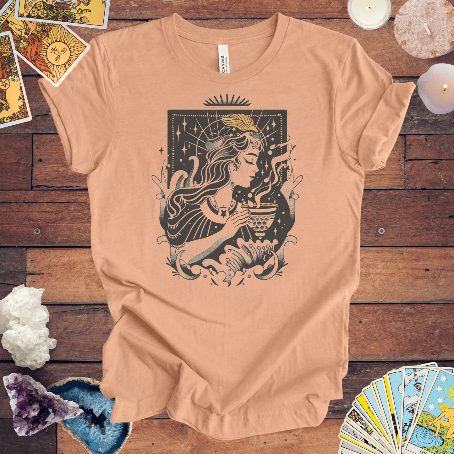 T-Shirt Heather Peach / S Whispers of the Water Bearer: Aquarius Tarot Card T-Shirt