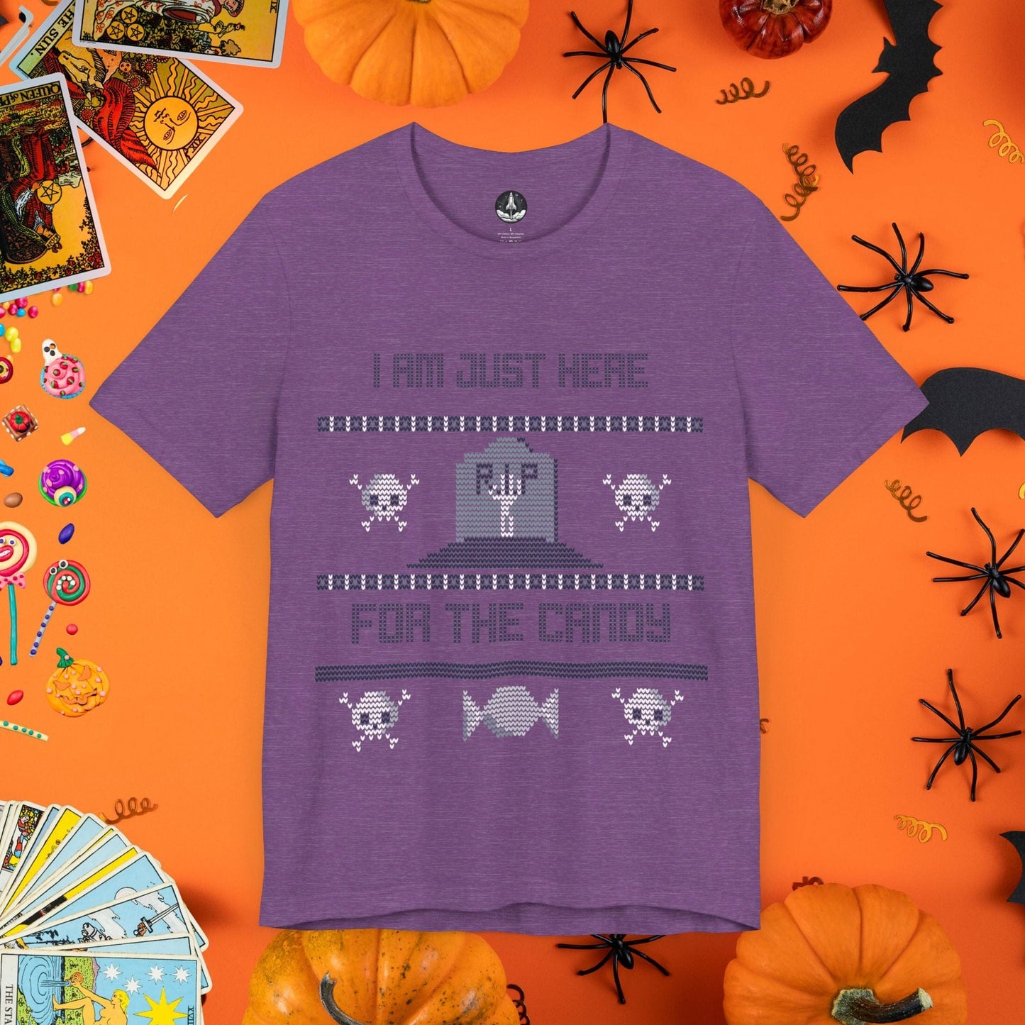 T-Shirt Heather Team Purple / S Just Here for the Candy - Halloween Ugly Sweater T-Shirt - Halloween Limited Edition