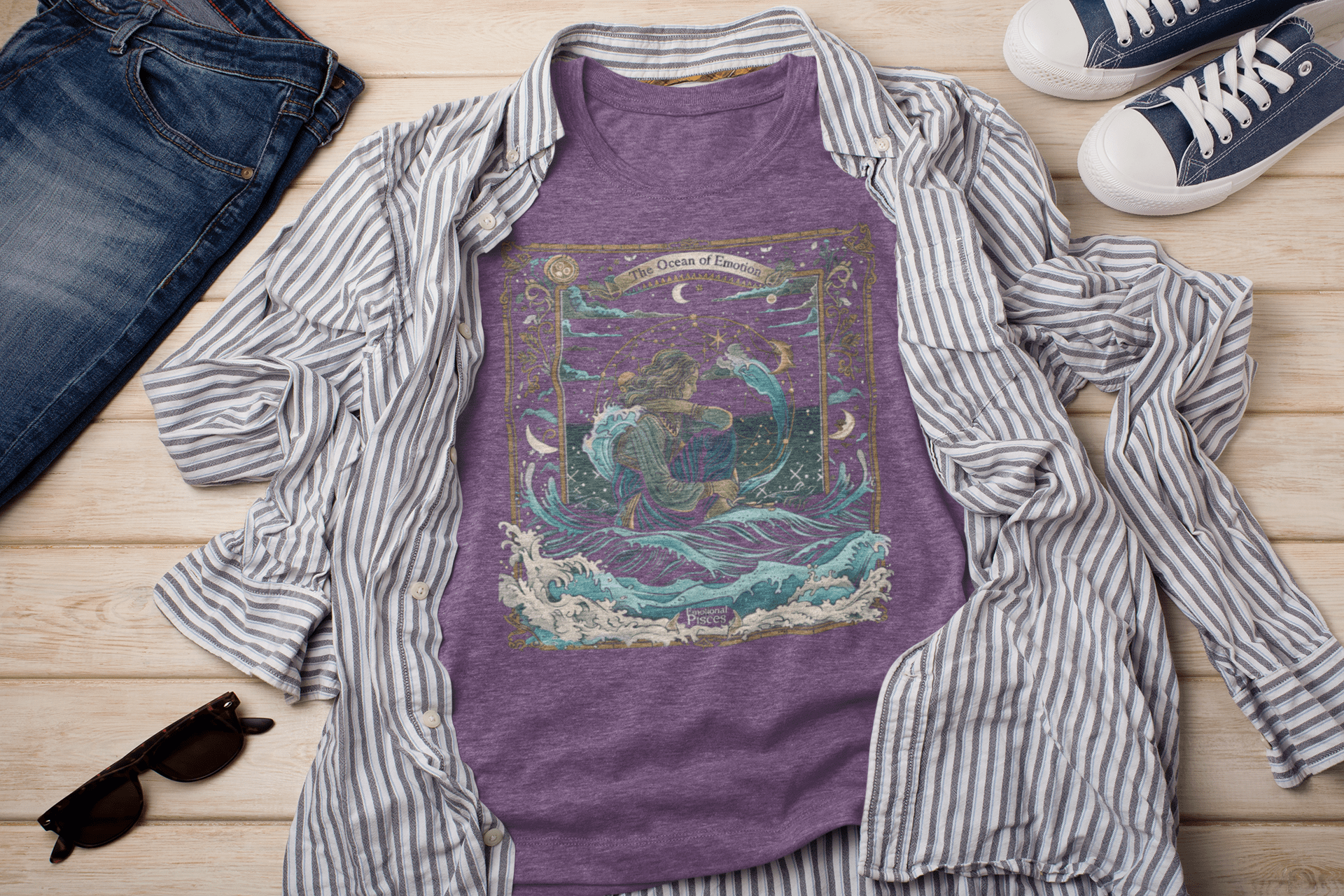 T-Shirt Heather Team Purple / S Ocean Emotion: Pisces Tarot Card T-Shirt