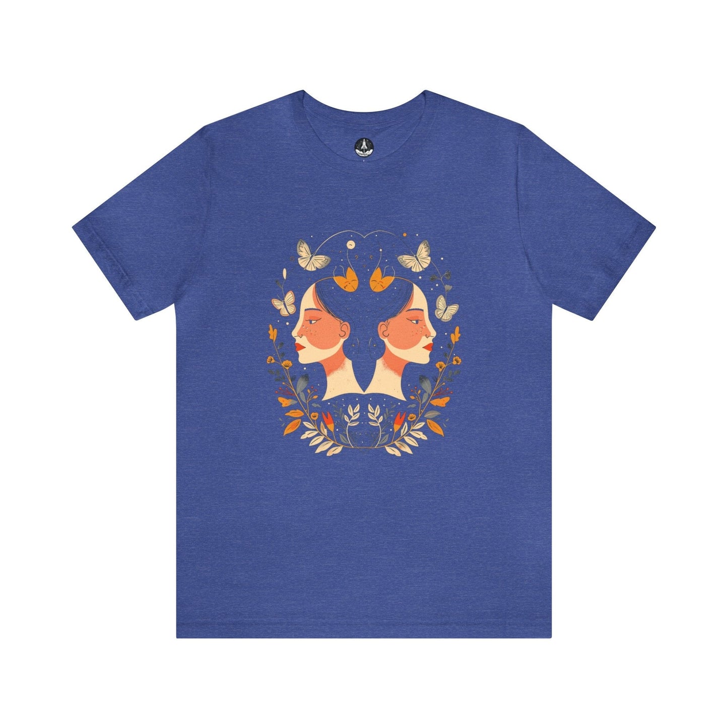 T-Shirt Heather True Royal / S Gemini Cosmic Symmetry T-Shirt: A Harmony of Nature and Stars