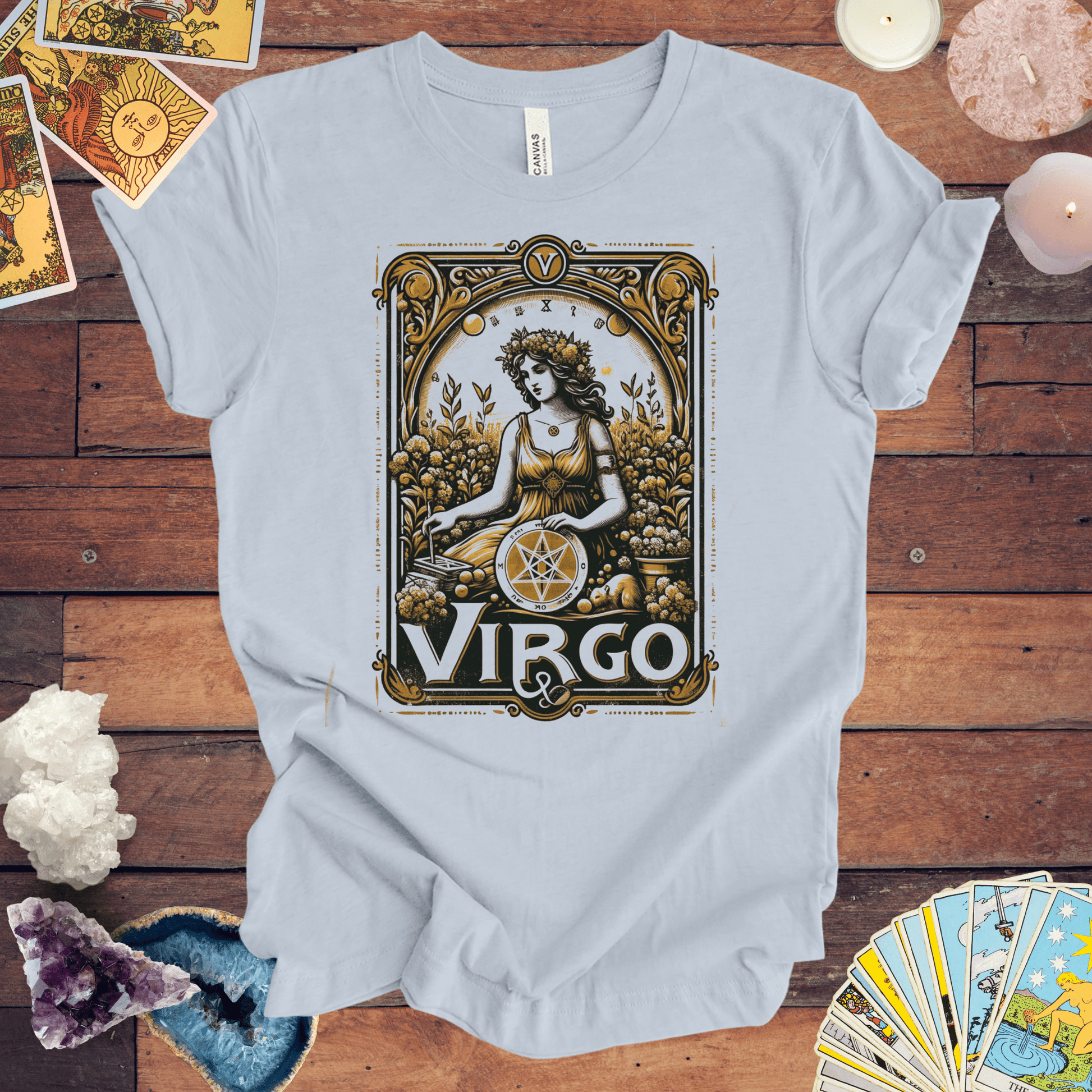 T-Shirt Light Blue / S Maiden of Pentacles: Virgo Tarot Card T-Shirt